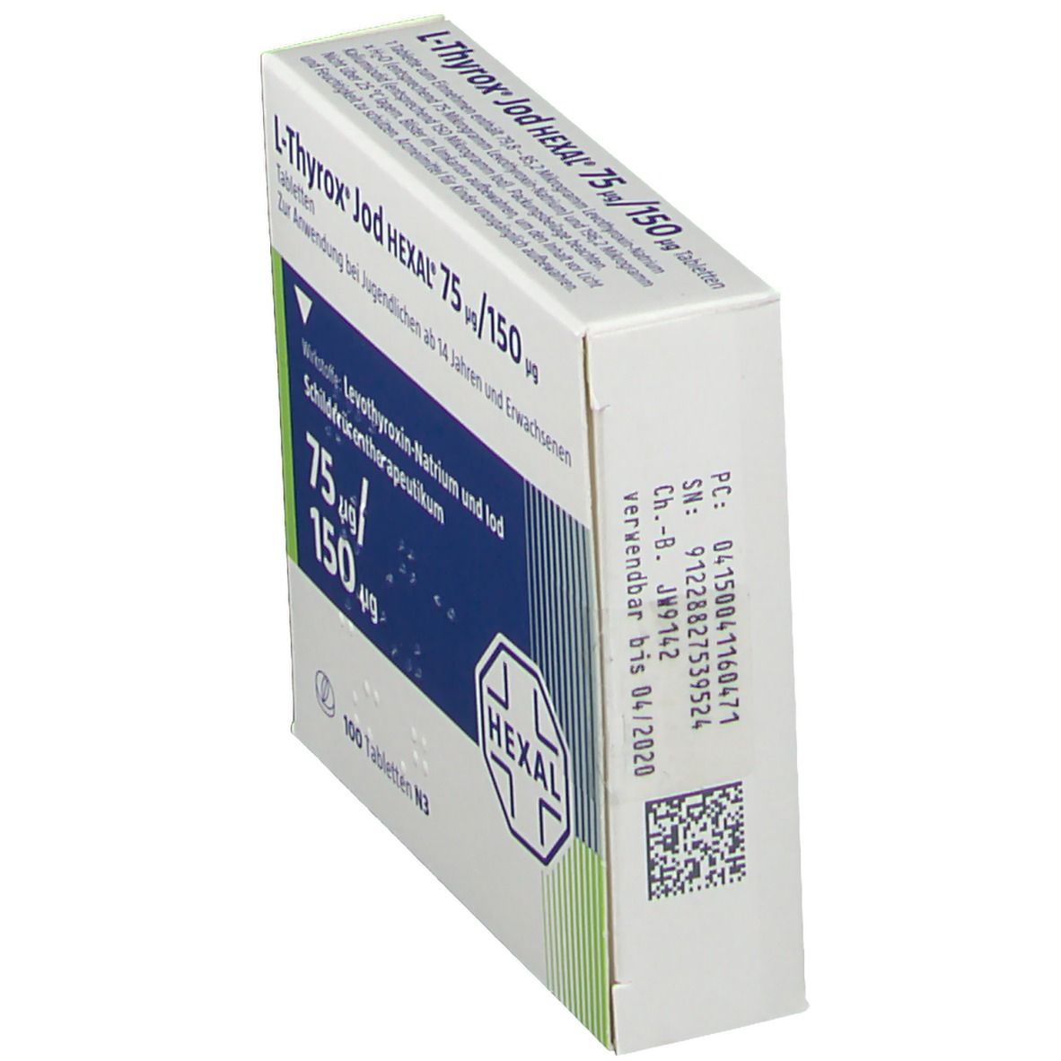 Schachtel L-Thyrox Jod HEXAL 75 µg/150 µg Tabletten. Seitenansicht. Weiß, blau und grün. Text: 75 µg/150 µg, HEXAL Logo, Verfallsdatum.