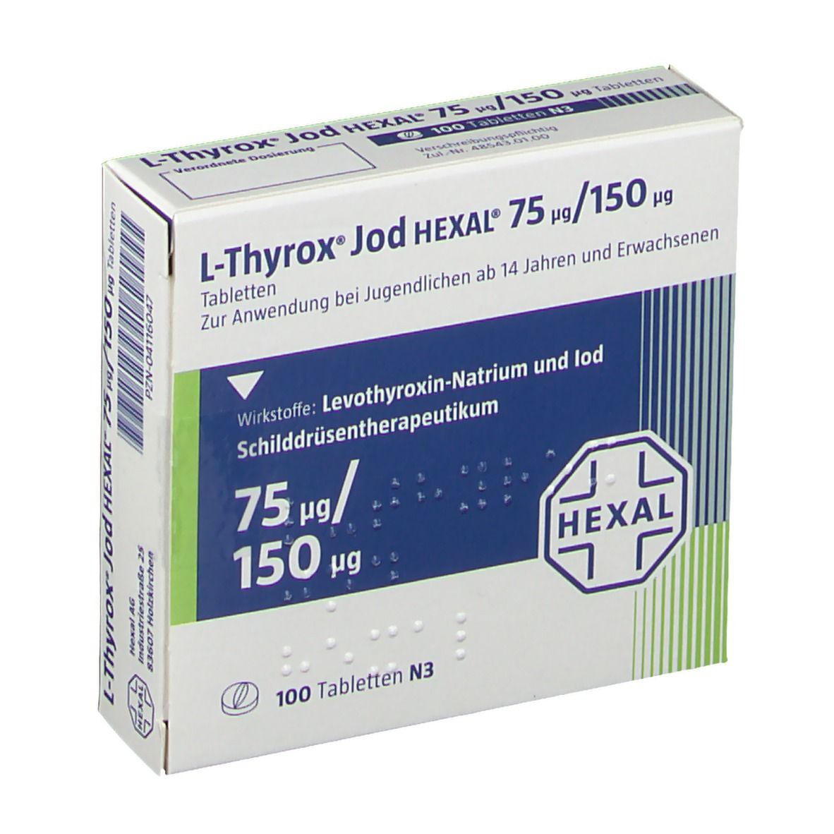 Schachtel L-Thyrox Jod HEXAL 75 µg/150 µg Tabletten. Weiß, blau und grün. Text: 75 µg/150 µg, HEXAL Logo, 100 Tabletten, N3.