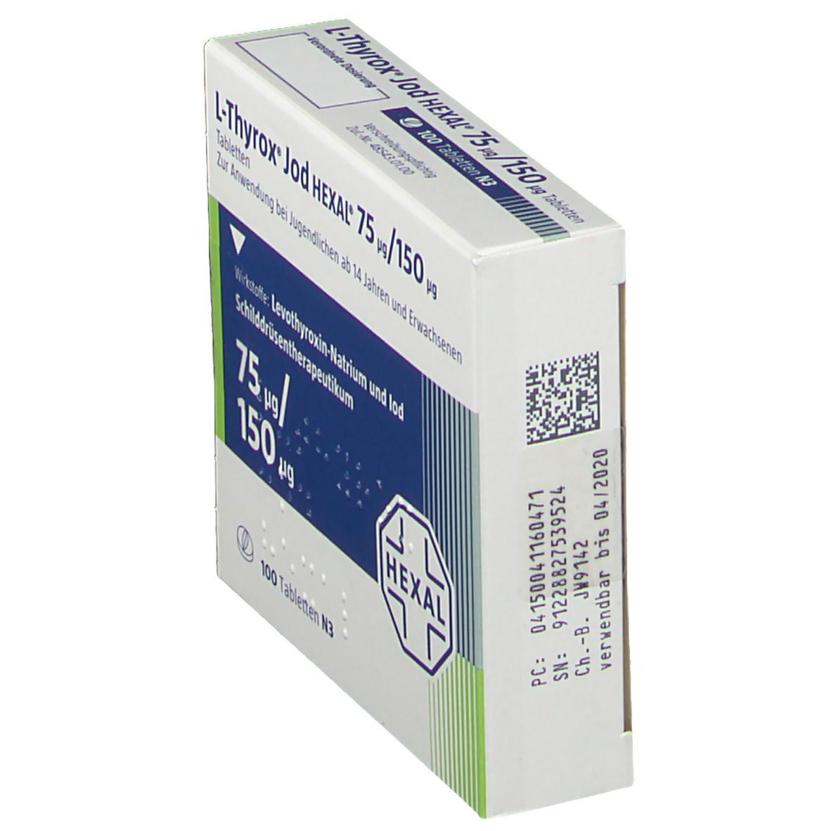 Schachtel L-Thyrox Jod HEXAL 75 µg/150 µg Tabletten. Seitenansicht. Weiß, blau und grün. Text: 75 µg/150 µg, HEXAL Logo, Verfallsdatum.