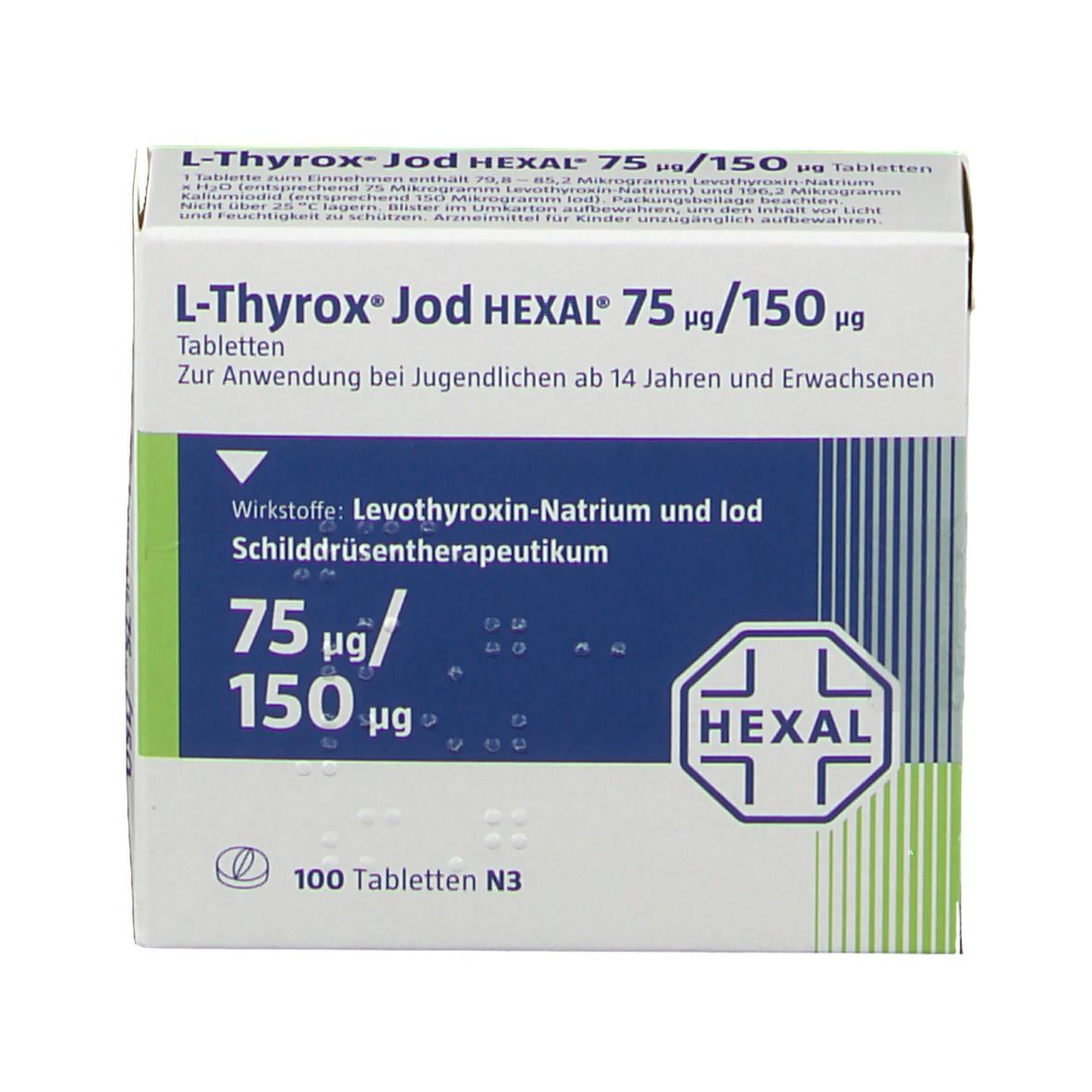 Schachtel L-Thyrox Jod HEXAL 75 µg/150 µg Tabletten. Weiß, blau und grün. Text: 75 µg/150 µg, HEXAL Logo, 100 Tabletten, N3.