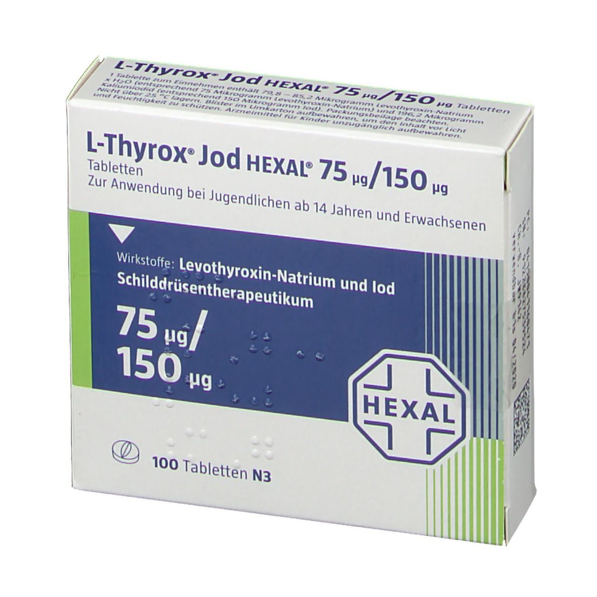 Schachtel L-Thyrox Jod HEXAL 75 µg/150 µg Tabletten. Weiß, blau und grün. Text: 75 µg/150 µg, HEXAL Logo, 100 Tabletten, N3.