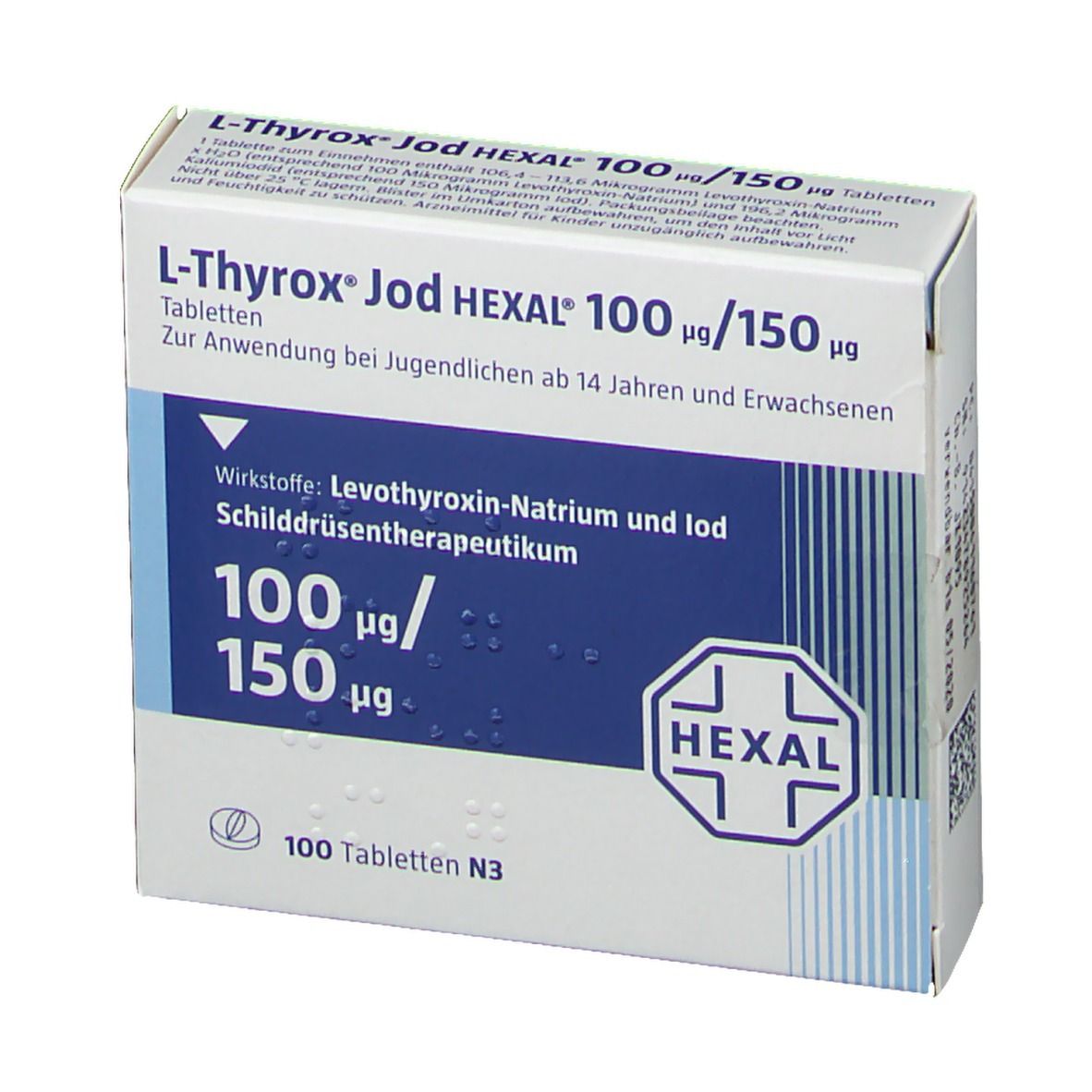 Schachtel L-Thyrox Jod Hexal 100/150 µg Tabletten. Draufsicht auf die Verpackung mit Produktinformationen.