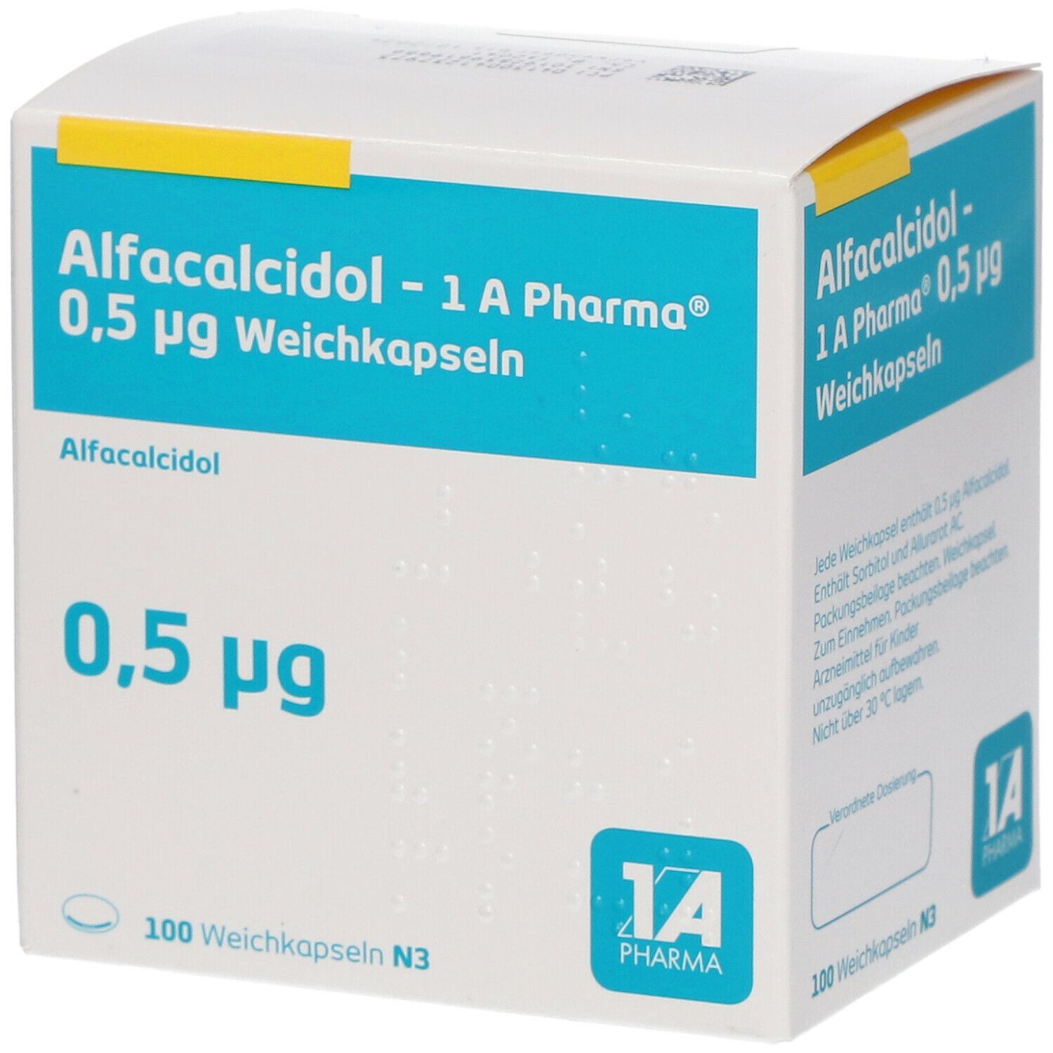 Weichkapseln-Packung. Aufschrift: Alfacalcidol - 1 A Pharma 0,5 µg. Blaue Schrift auf weißem Hintergrund. 100 Weichkapseln N3.