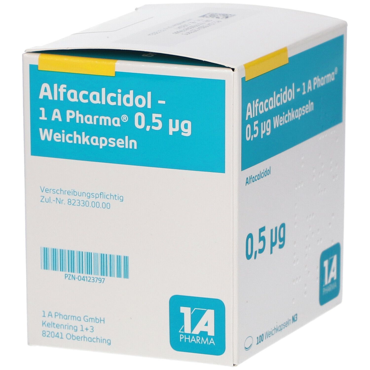 Weichkapseln-Packung. Aufschrift: Alfacalcidol - 1 A Pharma 0,5 µg. Blaue Schrift auf weißem Hintergrund. 100 Weichkapseln N3. 1A Pharma Logo.