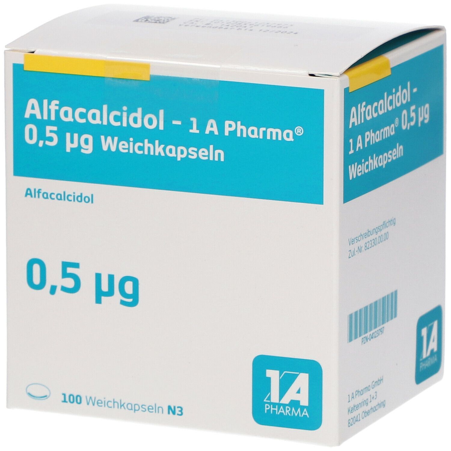 Weichkapseln-Packung. Aufschrift: Alfacalcidol - 1 A Pharma 0,5 µg. Blaue Schrift auf weißem Hintergrund. 100 Weichkapseln N3. 1A Pharma Logo.