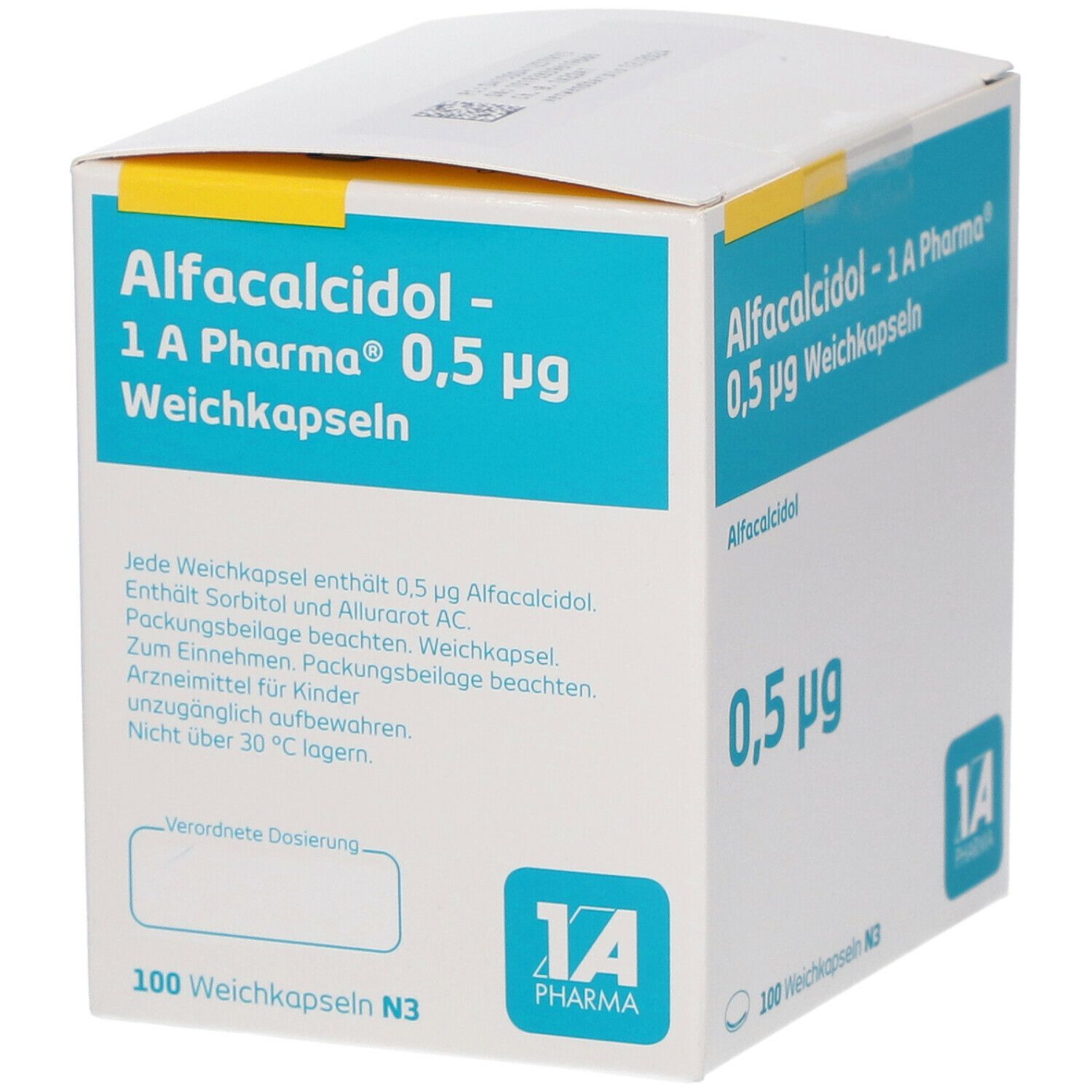Weichkapseln-Packung. Aufschrift: Alfacalcidol - 1 A Pharma 0,5 µg. Blaue Schrift auf weißem Hintergrund. 100 Weichkapseln N3. 1A Pharma Logo.