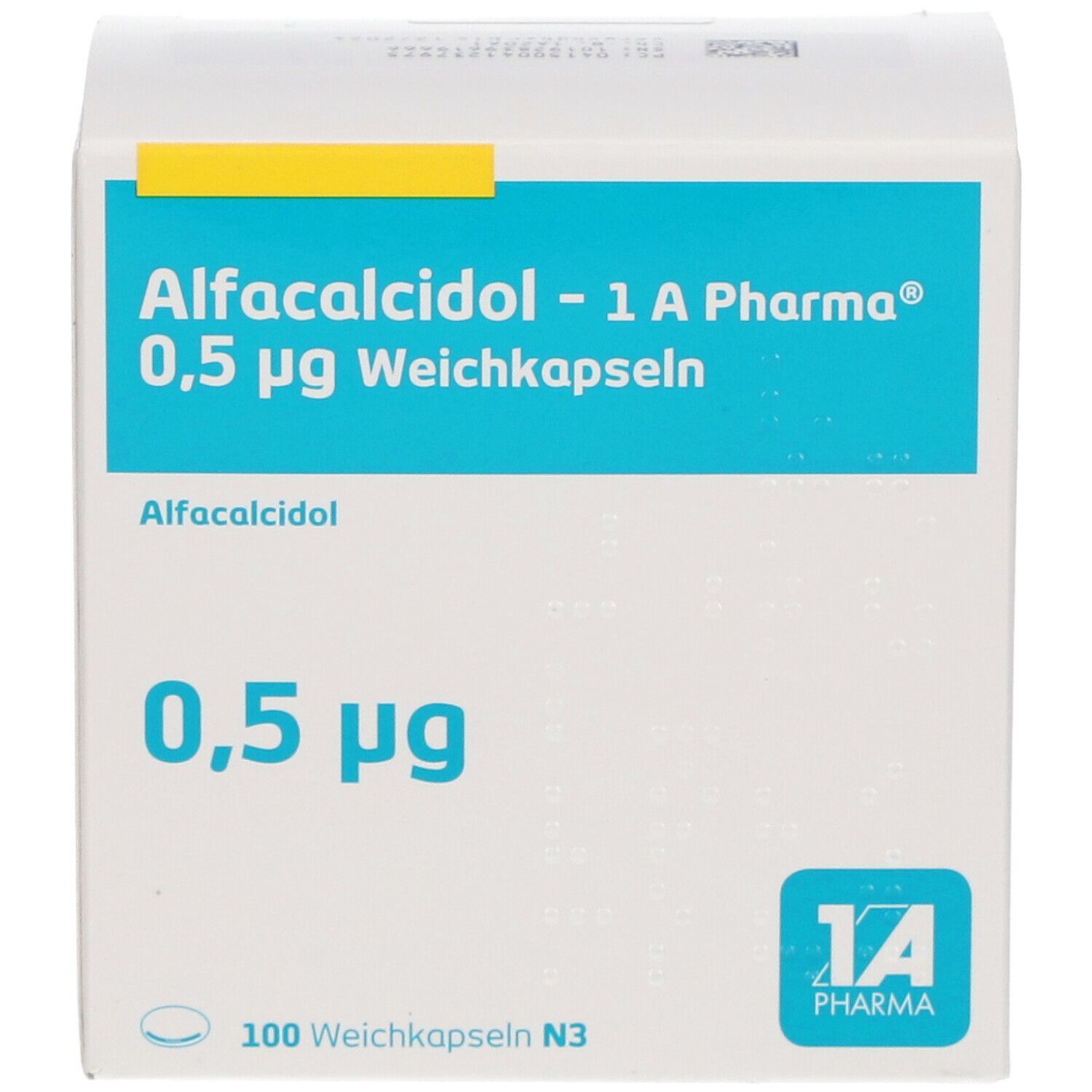 Weichkapseln-Packung. Aufschrift: Alfacalcidol - 1 A Pharma 0,5 µg. Blaue Schrift auf weißem Hintergrund. 100 Weichkapseln N3. 1A Pharma Logo.