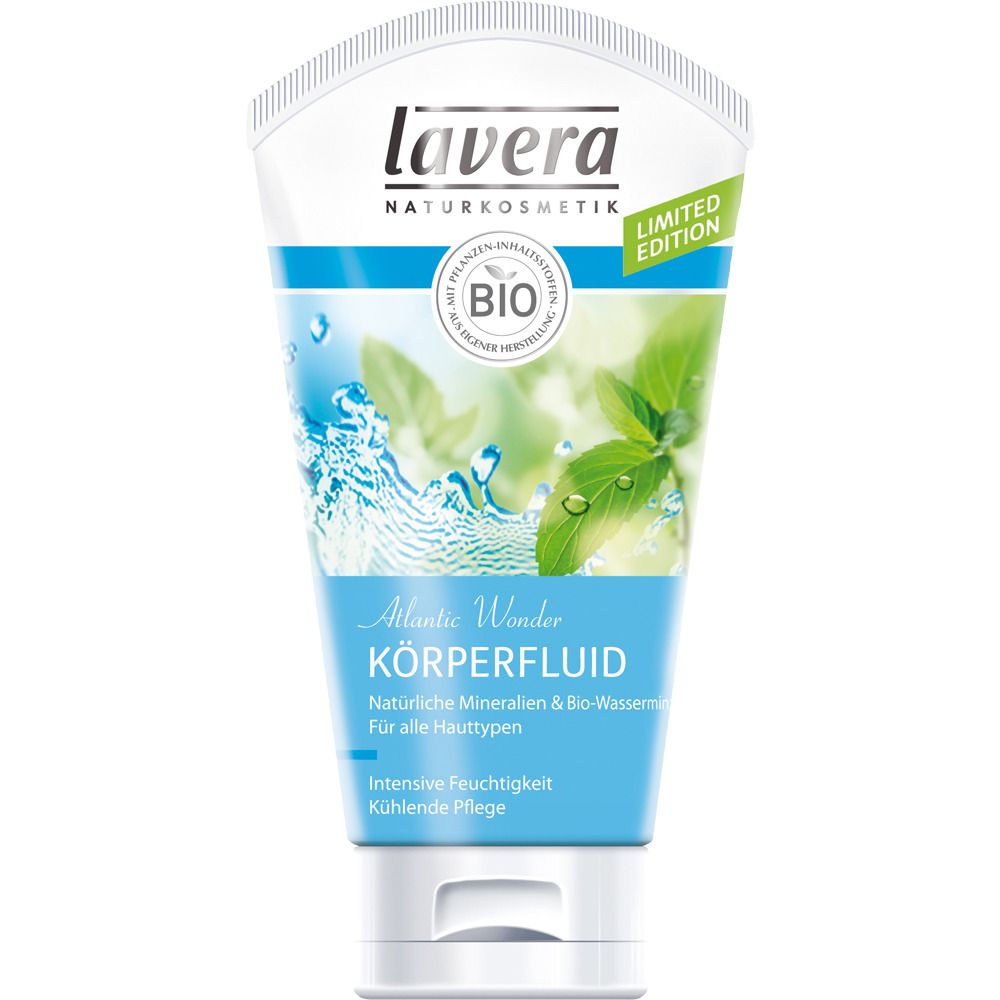 Weiß-blaue Tube mit Produktaufdruck. Enthält Bio-Zertifizierung und Aufschrift 'Atlantic Wonder Körperfluid'. 'Limited Edition'.