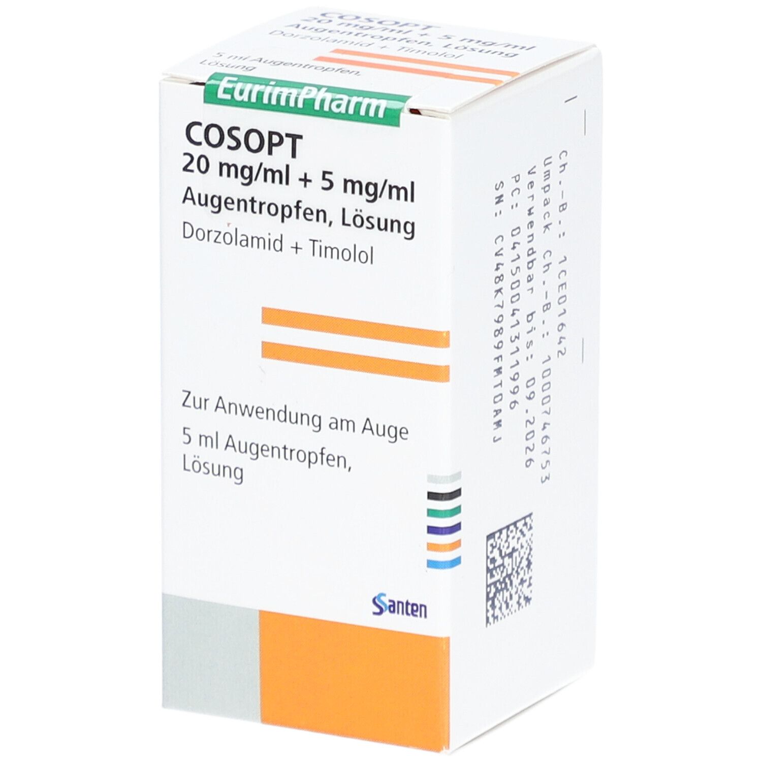 Weißer Karton mit Produktinformationen. Aufschrift: COSOPT 20 mg/ml + 5 mg/ml Augentropfen. Hersteller: EurimPharm, Santen.