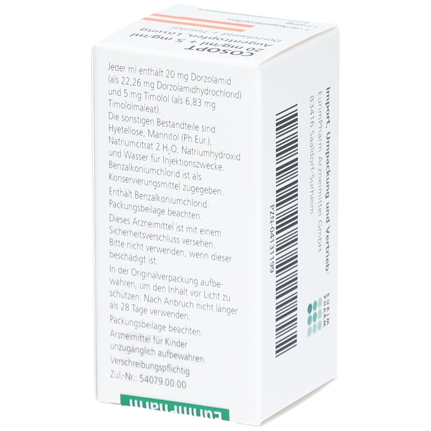 Weißer Karton, Rückseite mit Inhaltsstoffen und Warnhinweisen. Hersteller: EurimPharm Arzneimittel GmbH.