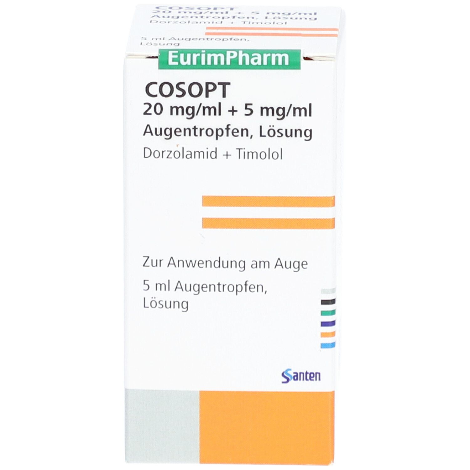 Weißer Karton mit Produktinformationen. Aufschrift: COSOPT 20 mg/ml + 5 mg/ml Augentropfen. Hersteller: EurimPharm, Santen.