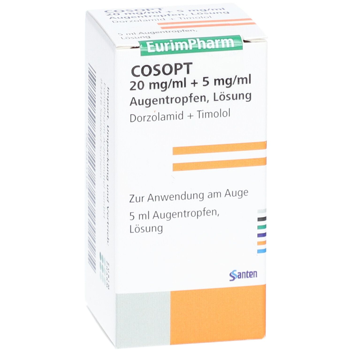 Weißer Karton mit Produktinformationen. Aufschrift: COSOPT 20 mg/ml + 5 mg/ml Augentropfen. Hersteller: EurimPharm, Santen.