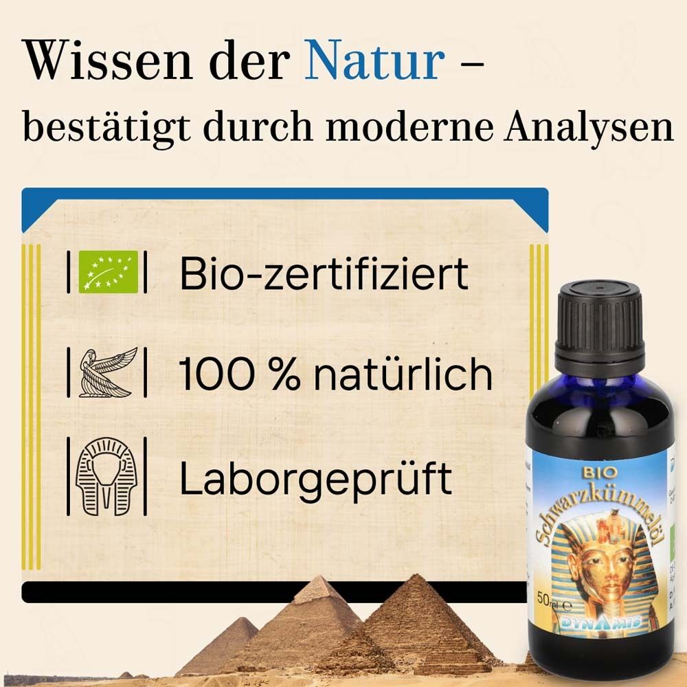 Werbebild mit Flasche BIO-Schwarzkümmelöl, Pyramiden und Text: Wissen der Natur - bio-zertifiziert, 100% natürlich, laborgeprüft.