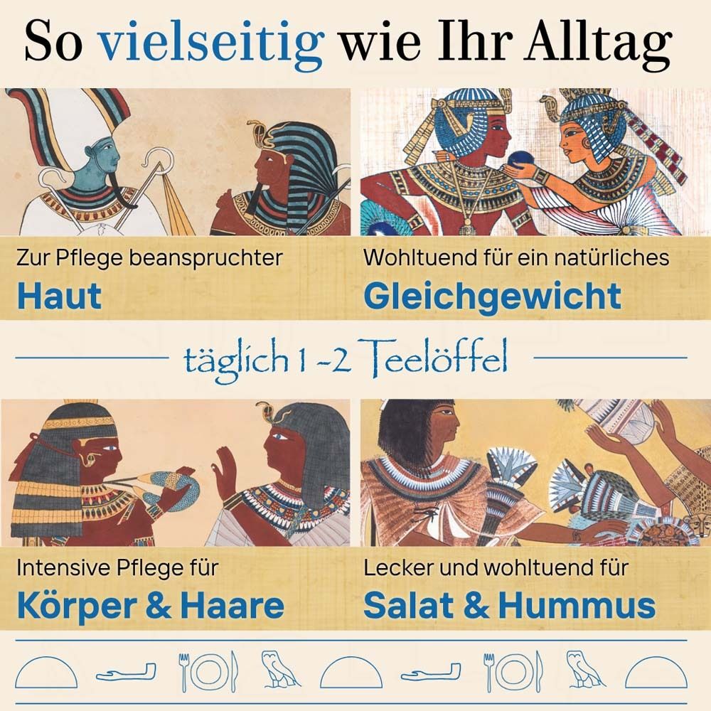 Werbebild mit Illustrationen: Haut, Gleichgewicht, Körper & Haare, Salat & Hummus. Text: So vielseitig wie Ihr Alltag.