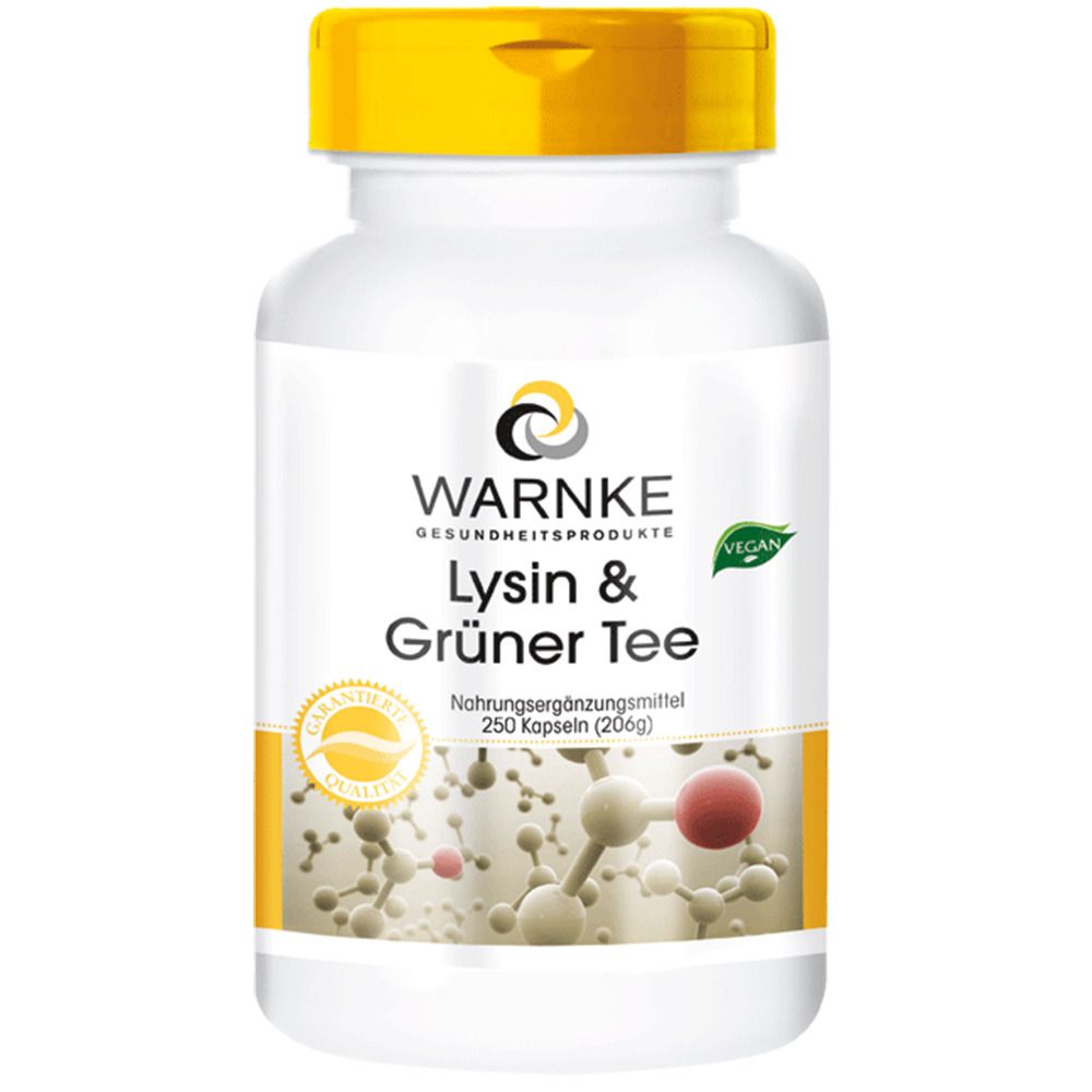 Weiße Flasche mit gelbem Deckel. Aufschrift: WARNKE Lysin & Grüner Tee. Vegan-Siegel. 250 Kapseln.