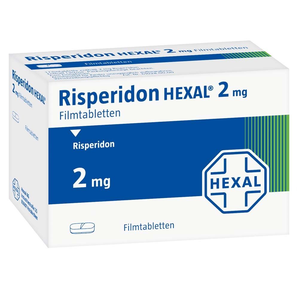 Risperidon HEXAL® 2 mg Filmtabletten-Packung. Blaue und weiße Schachtel mit Produktnamen und Dosierung.