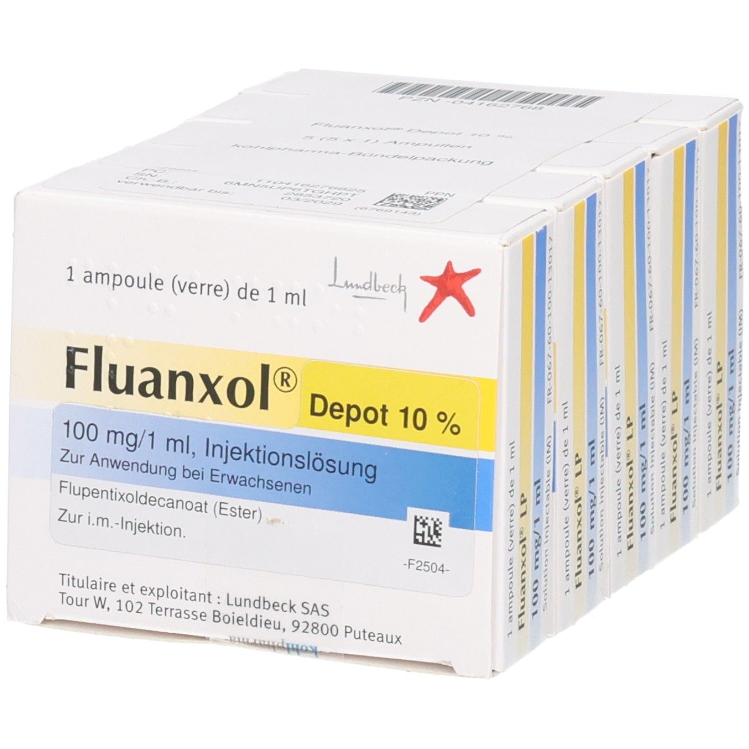 Karton mit Fluanxol Depot 10% Injektionslösung. Enthält 1 Ampulle. Aufdrucke: Lundbeck, 100 mg/1 ml, i.m.-Injektion.