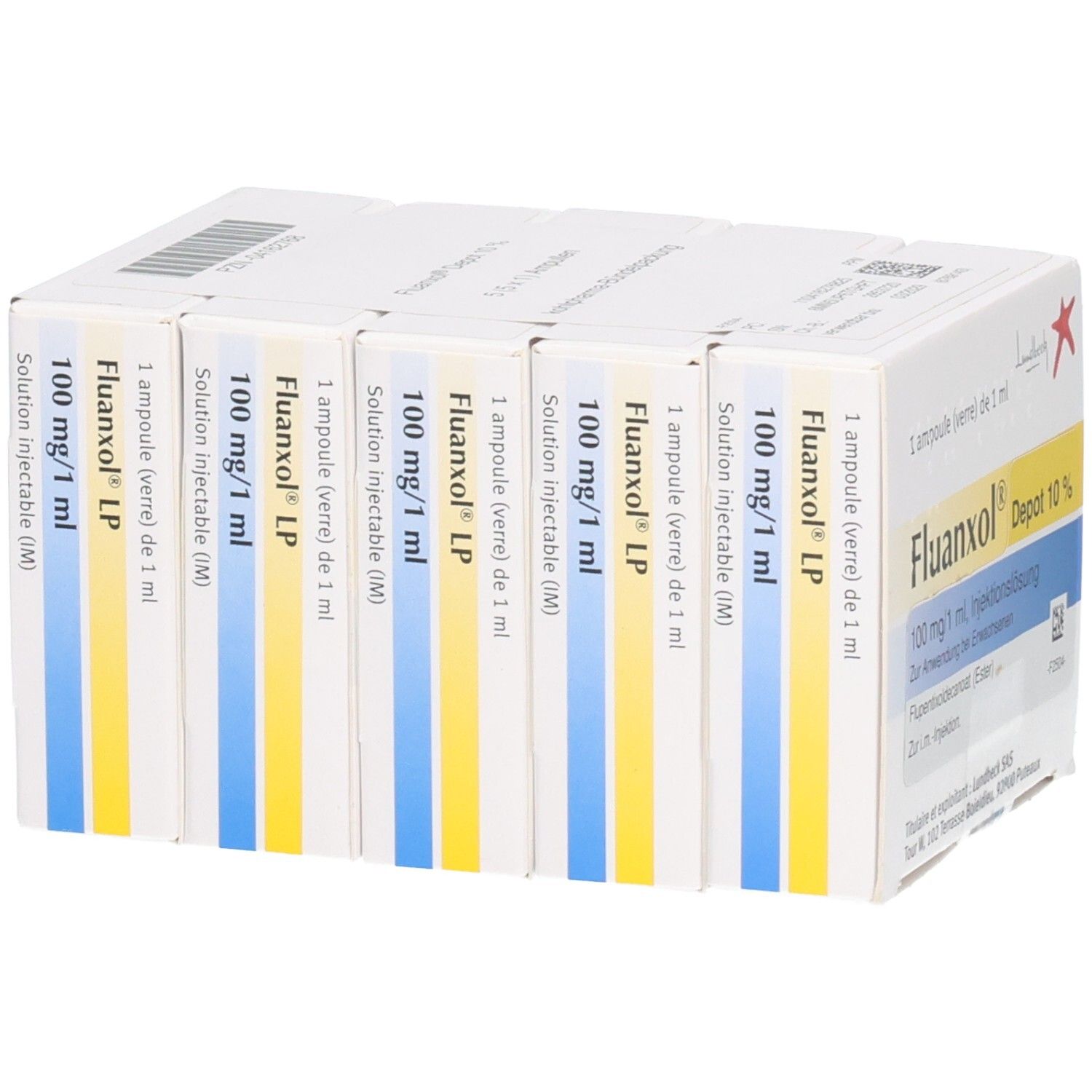 Packung mit Fluanxol LP Injektionslösung. Enthält 6 Schachteln. Aufdrucke: 100 mg/1 ml, i.m.-Injektion, Fluanxol LP.