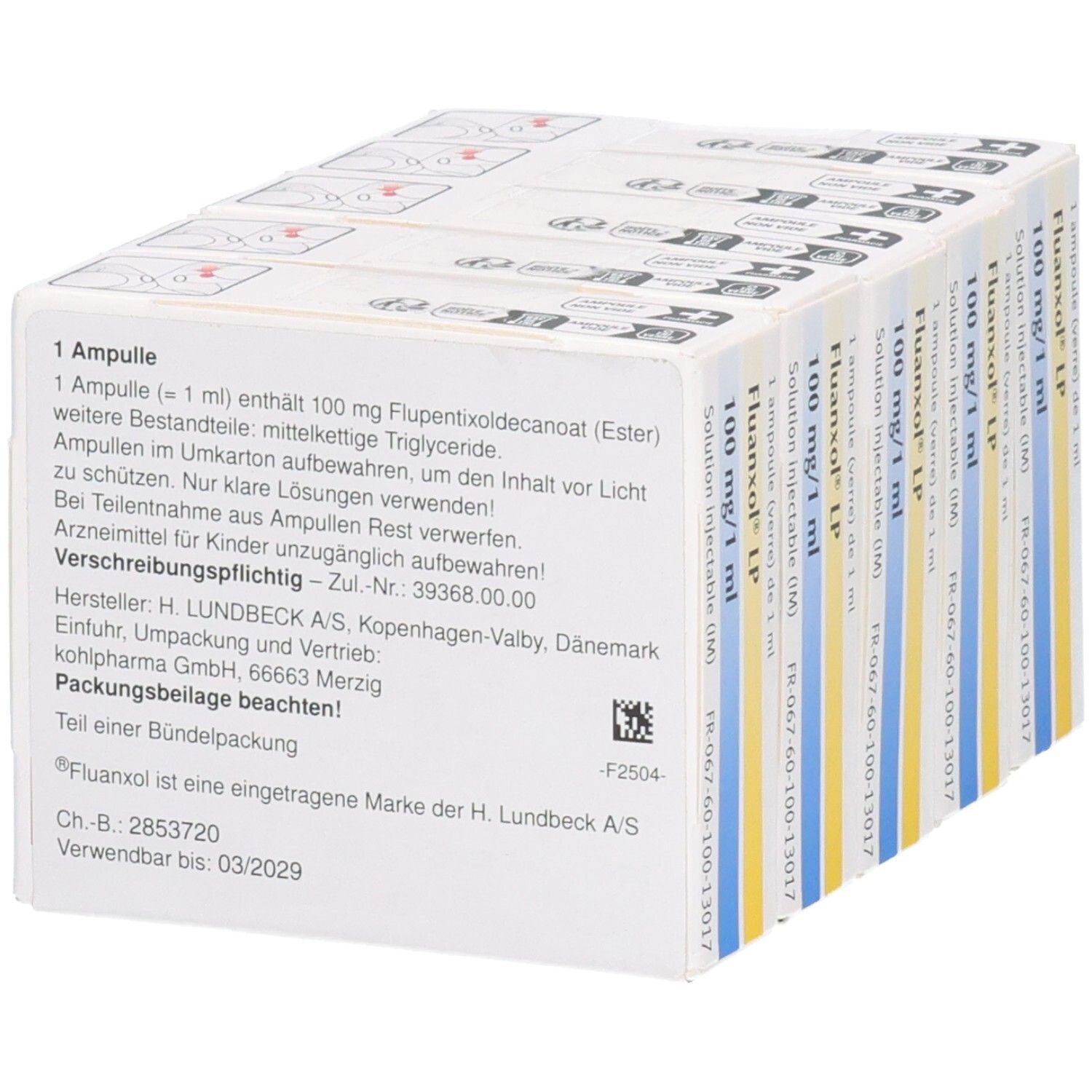 Rückseite einer Packung mit Fluanxol. Enthält Informationen zu Inhaltsstoffen, Dosierung und Hersteller. Text in Deutsch.