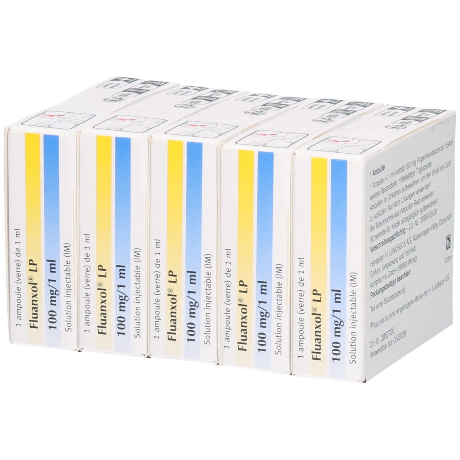 Packung mit Fluanxol LP Injektionslösung. Enthält 6 Schachteln. Aufdrucke: 100 mg/1 ml, i.m.-Injektion, Fluanxol LP.