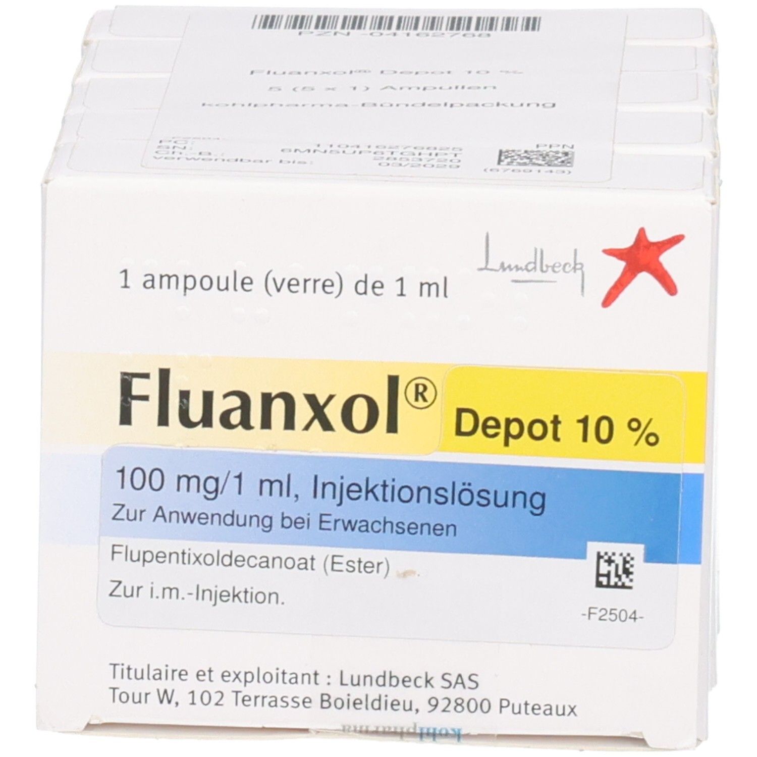 Schachtel mit Fluanxol Depot 10% Injektionslösung. Enthält 1 Ampulle. Aufdrucke: Lundbeck, 100 mg/1 ml, i.m.-Injektion.