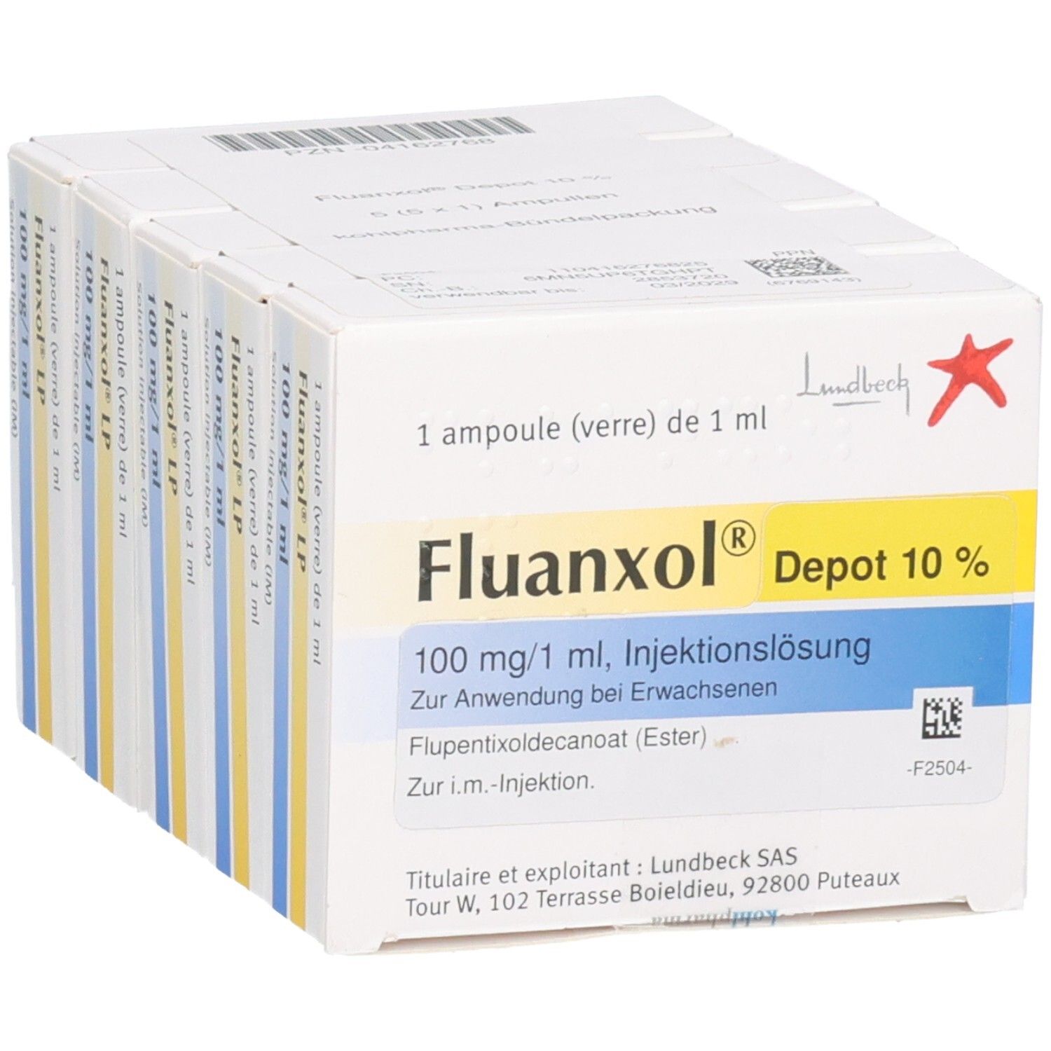 Packung mit Fluanxol Depot 10% Injektionslösung. Enthält 6 Schachteln. Aufdrucke: Lundbeck, 100 mg/1 ml, i.m.-Injektion.
