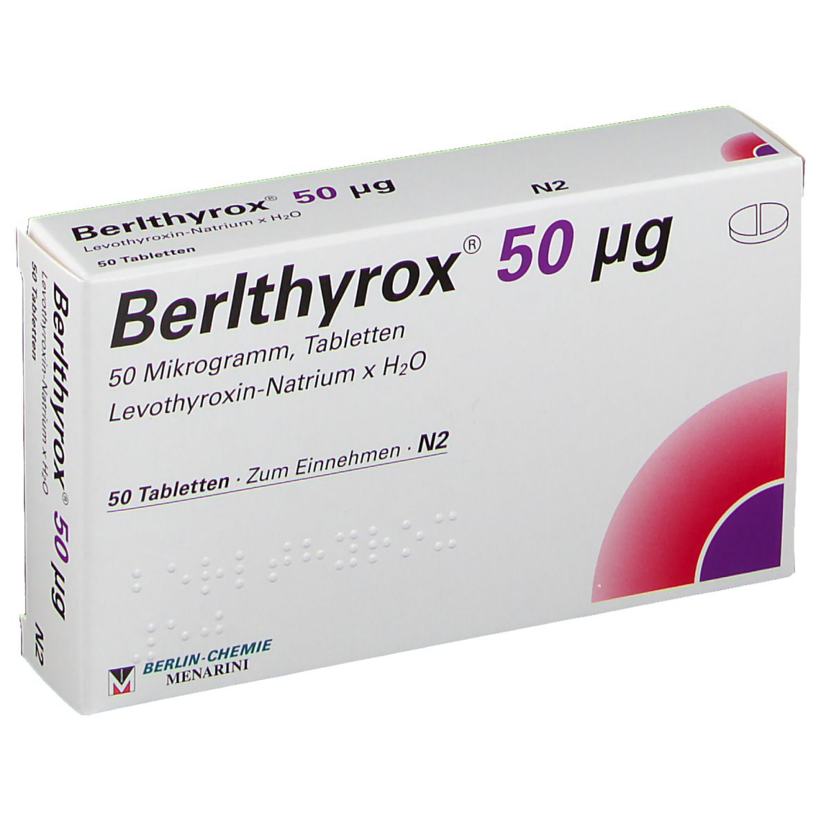 Weiße Tablettenbox mit rotem und violettem Design. Aufschrift: Berlthyrox 50 µg, 50 Tabletten.