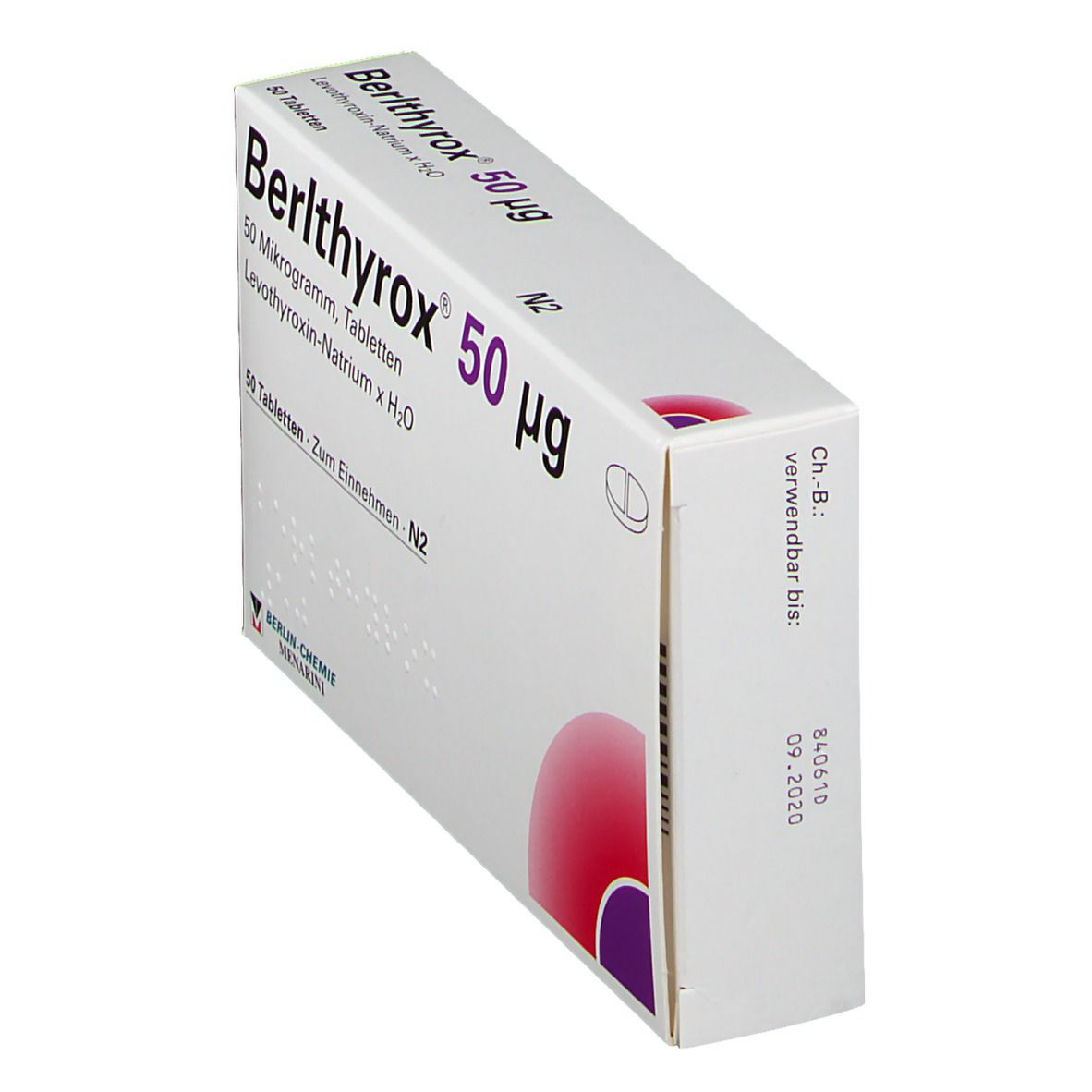Tablettenbox, weiß mit rotem und violettem Design. Aufschrift: Berlthyrox 50 µg. Haltbarkeit bis 09.2020.