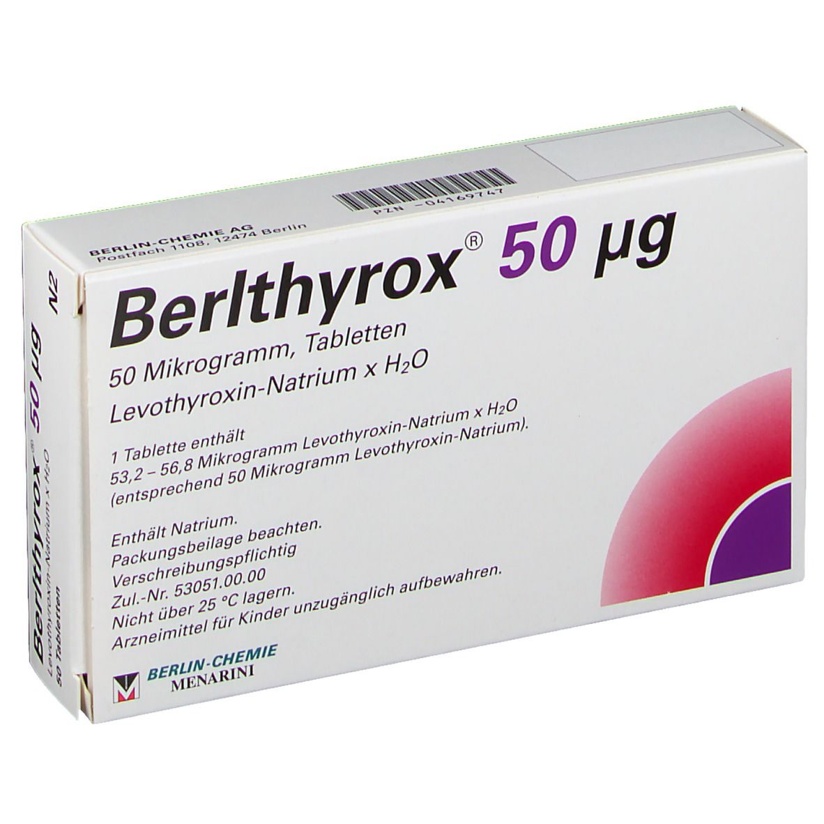 Weiße Tablettenbox mit rotem und violettem Design. Aufschrift: Berlthyrox 50 µg, 50 Tabletten. Hersteller: Berlin-Chemie.