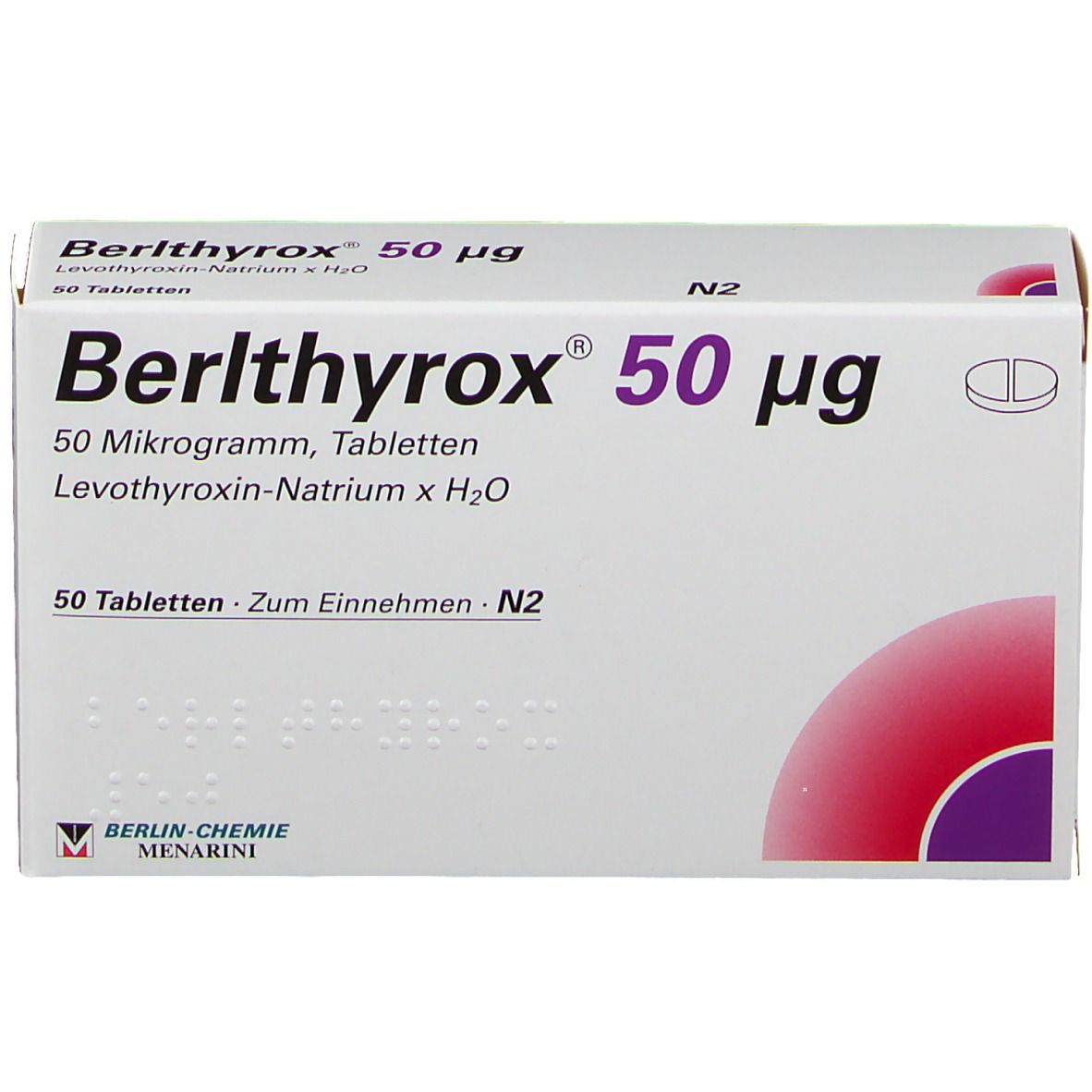 Weiße Tablettenbox mit rotem und violettem Design. Aufschrift: Berlthyrox 50 µg, 50 Tabletten. Berlin-Chemie Logo.