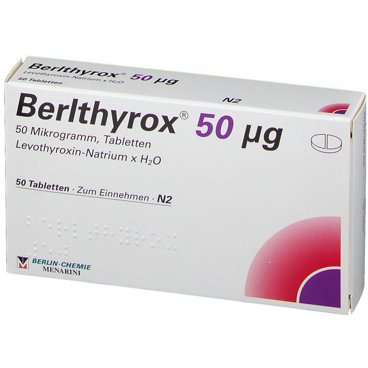 Weiße Tablettenbox mit rotem und violettem Design. Aufschrift: Berlthyrox 50 µg, 50 Tabletten. Berlin-Chemie Logo.