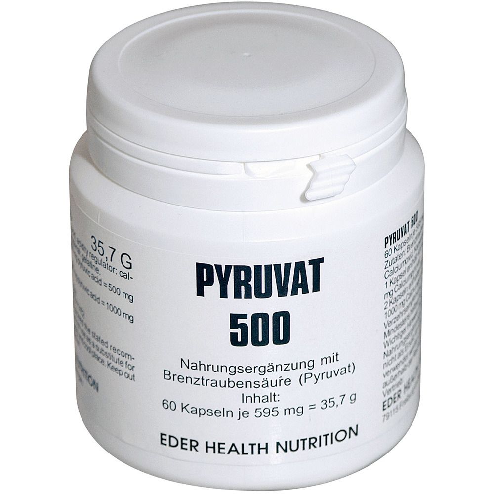 Weiße Dose mit schwarzer Schrift: Pyruvat 500. Enthält 60 Kapseln. Eder Health Nutrition.