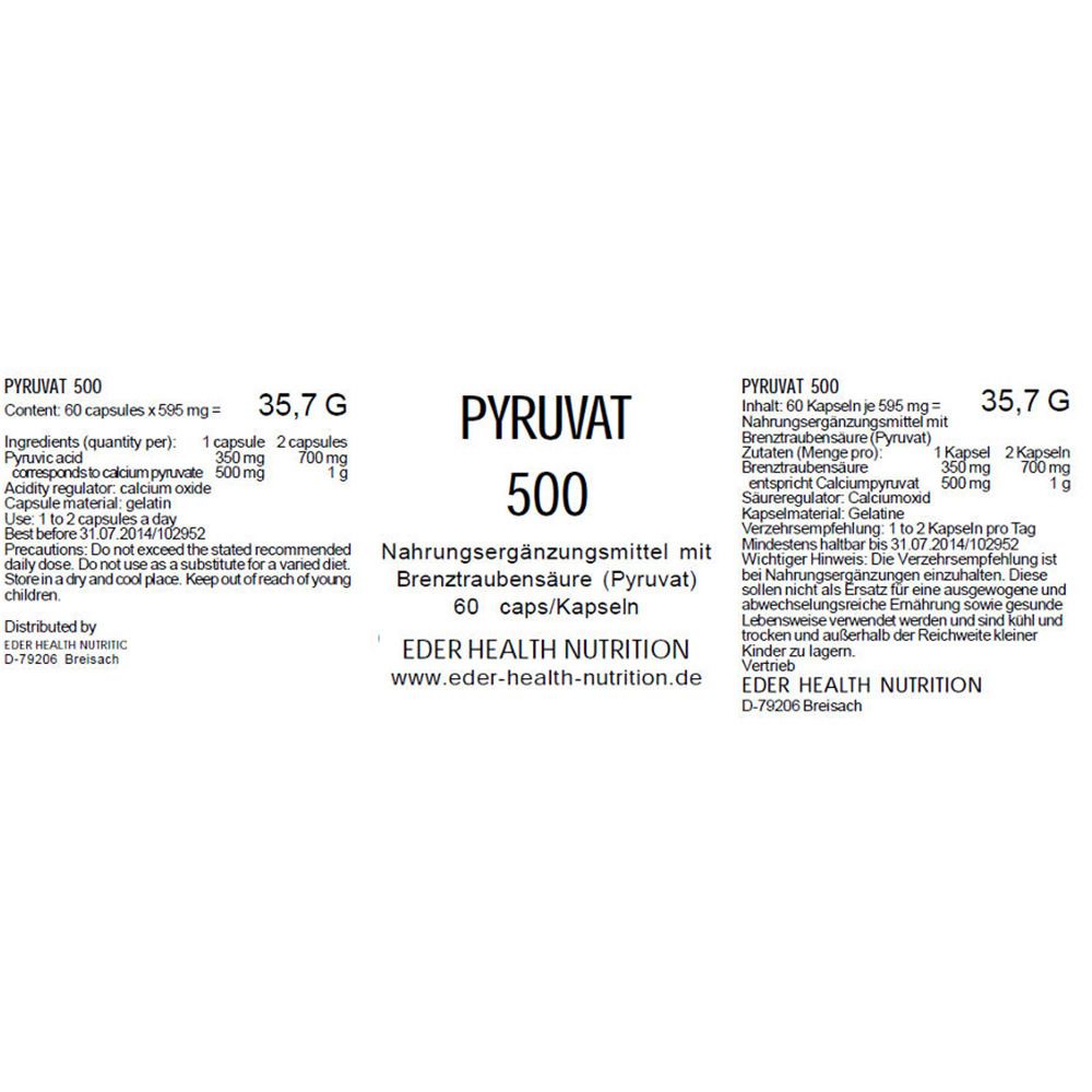 Etikett mit Informationen zu Pyruvat 500. Enthält 60 Kapseln. Eder Health Nutrition.