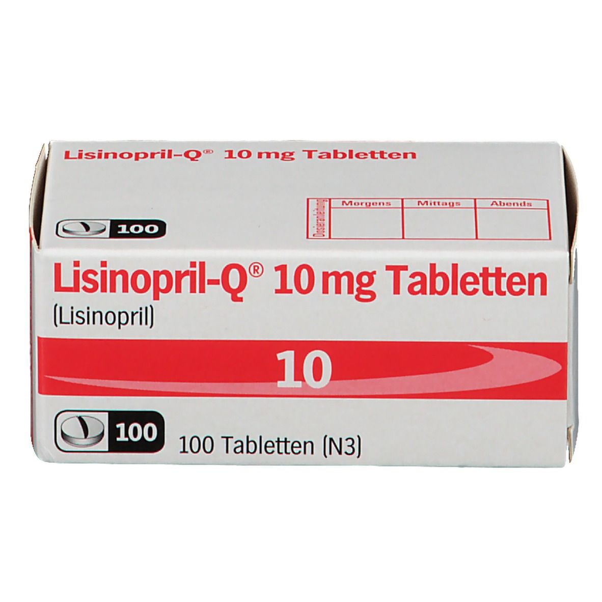 Schachtel mit LISINOPRIL-Q 10 mg Tabletten. Rote und weiße Verpackung. Aufschrift: 100 Tabletten.