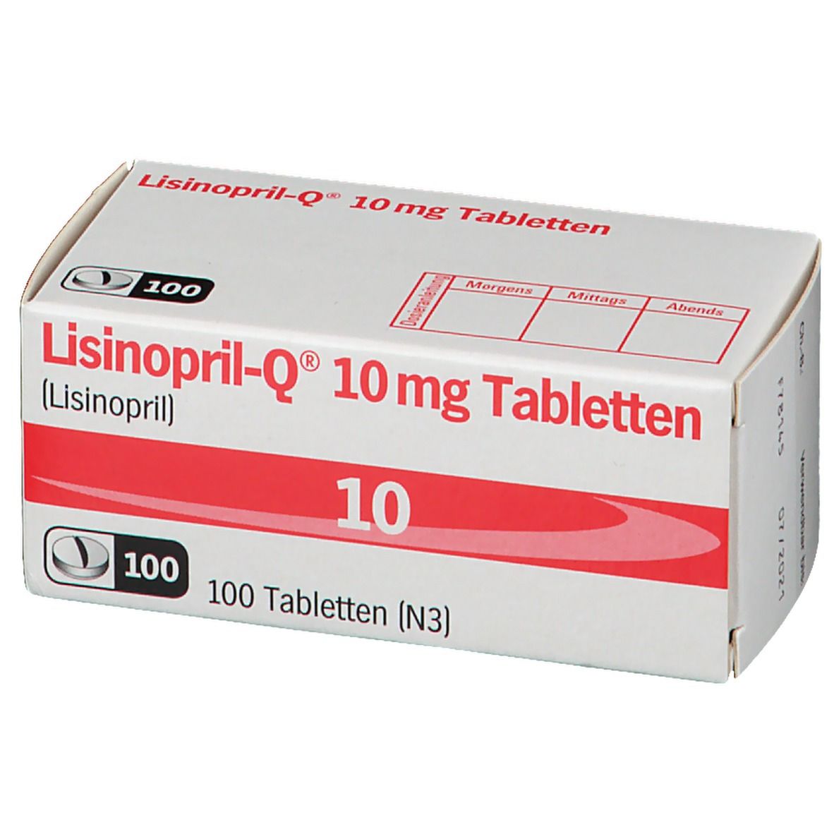 Schachtel mit LISINOPRIL-Q 10 mg Tabletten. Rote und weiße Verpackung. Aufschrift: 100 Tabletten.