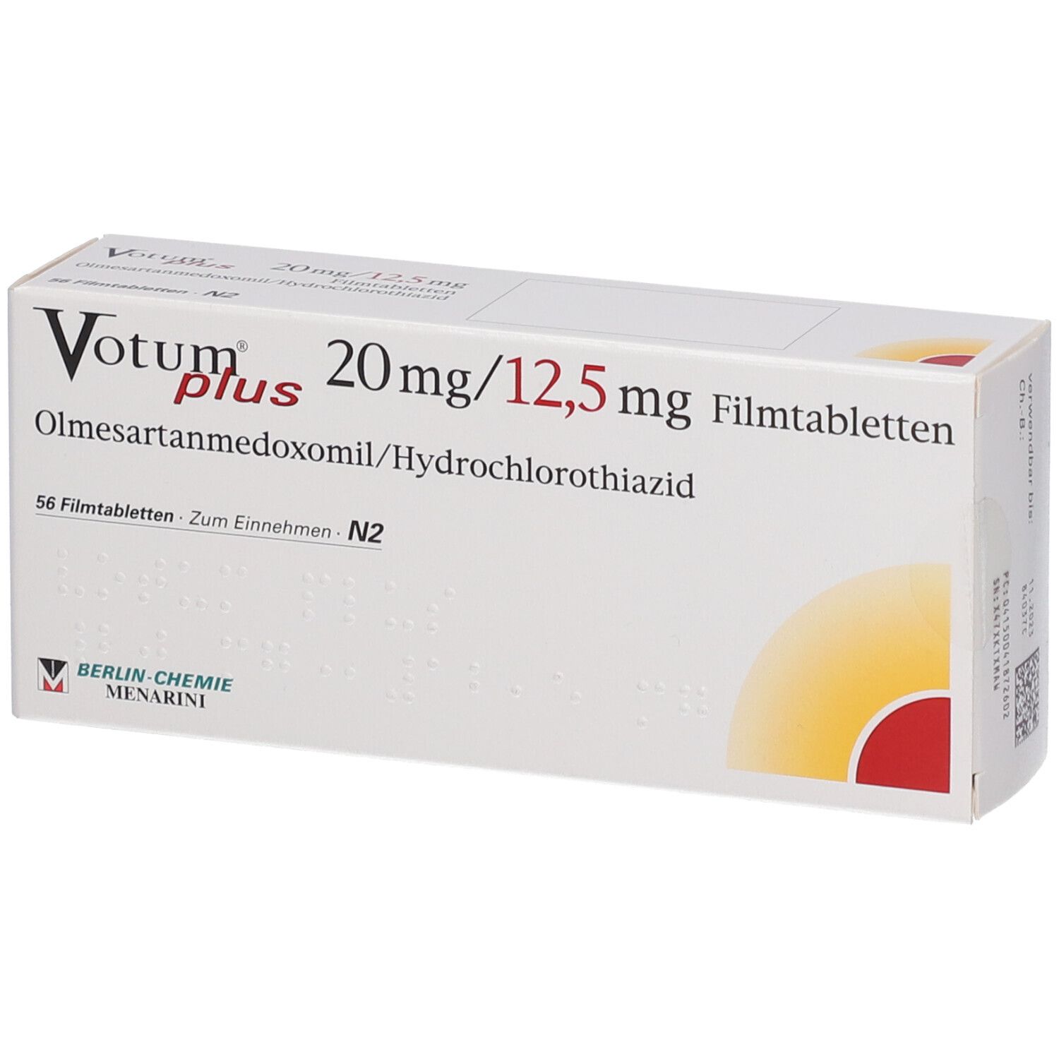 Votum plus 20 mg/12,5 mg Filmtabletten, 56 Stück. Enthält Olmesartanmedoxomil/Hydrochlorothiazid.