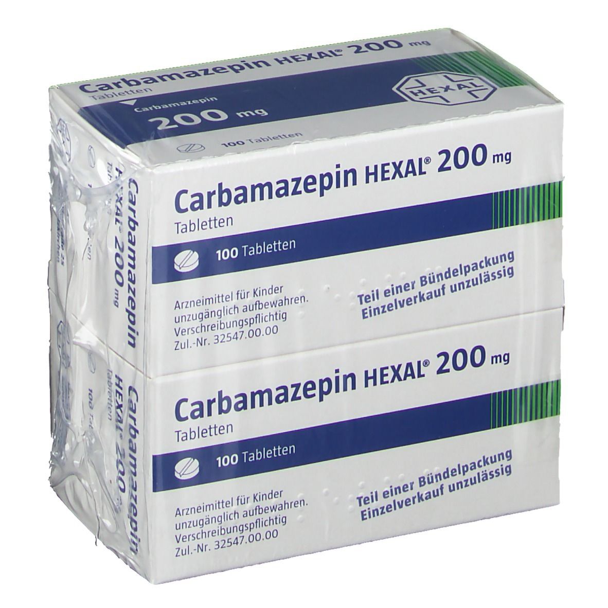 Zwei Packungen Carbamazepin HEXAL 200 mg Tabletten, je 100 Tabletten, in Folie verpackt. Blaue und weiße Verpackung mit Produktinformationen.