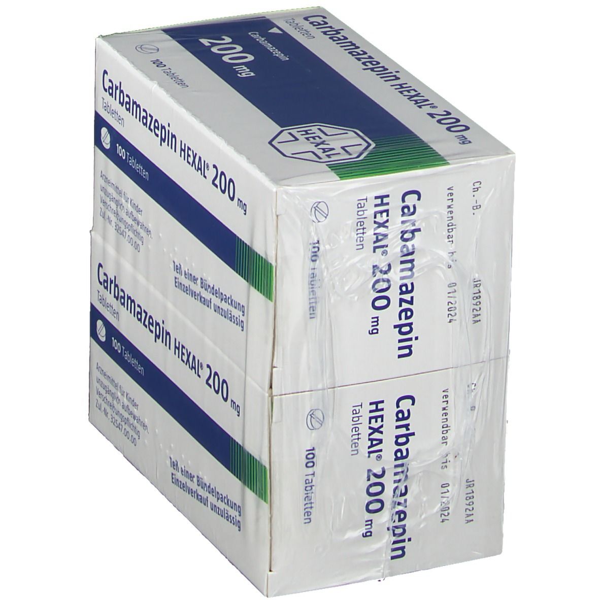 Zwei Packungen Carbamazepin HEXAL 200 mg Tabletten, je 100 Tabletten, in Folie verpackt. Blaue und weiße Verpackung mit Produktinformationen.