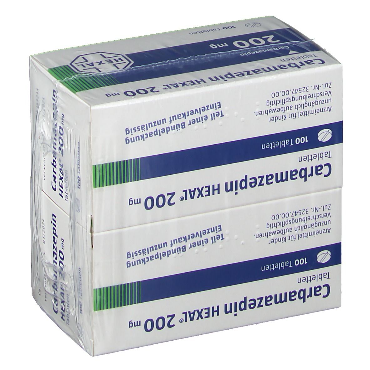 Zwei Packungen Carbamazepin HEXAL 200 mg Tabletten, je 100 Tabletten, in Folie verpackt. Blaue und weiße Verpackung mit Produktinformationen.