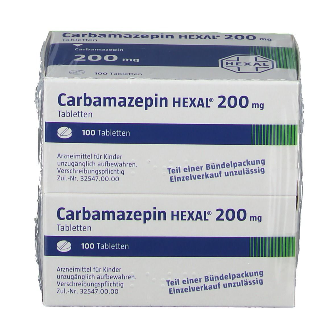 Zwei Packungen Carbamazepin HEXAL 200 mg Tabletten, je 100 Tabletten, in Folie verpackt. Blaue und weiße Verpackung mit Produktinformationen.