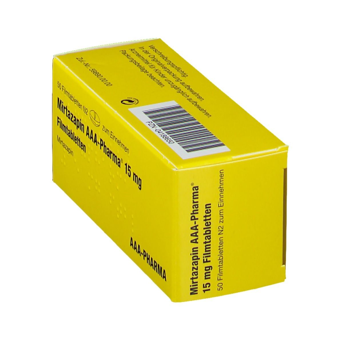 Gelbe Schachtel mit Aufschrift 'Mirtazapin AAA-Pharma 15 mg Filmtabletten'. Enthält 50 Tabletten. Barcode.