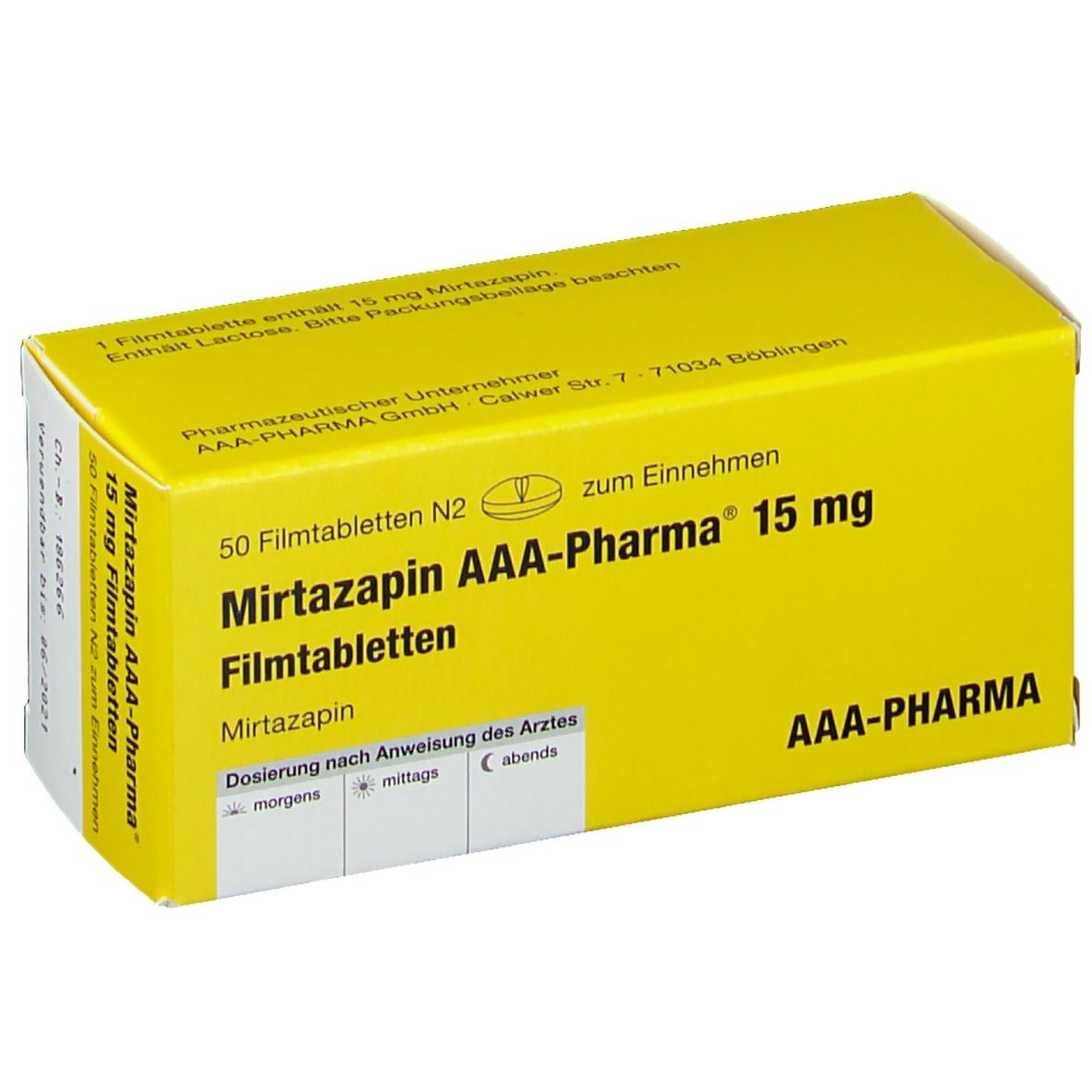 Gelbe Schachtel mit 'Mirtazapin AAA-Pharma 15 mg Filmtabletten'. 50 Tabletten. Text: 'zum Einnehmen'.