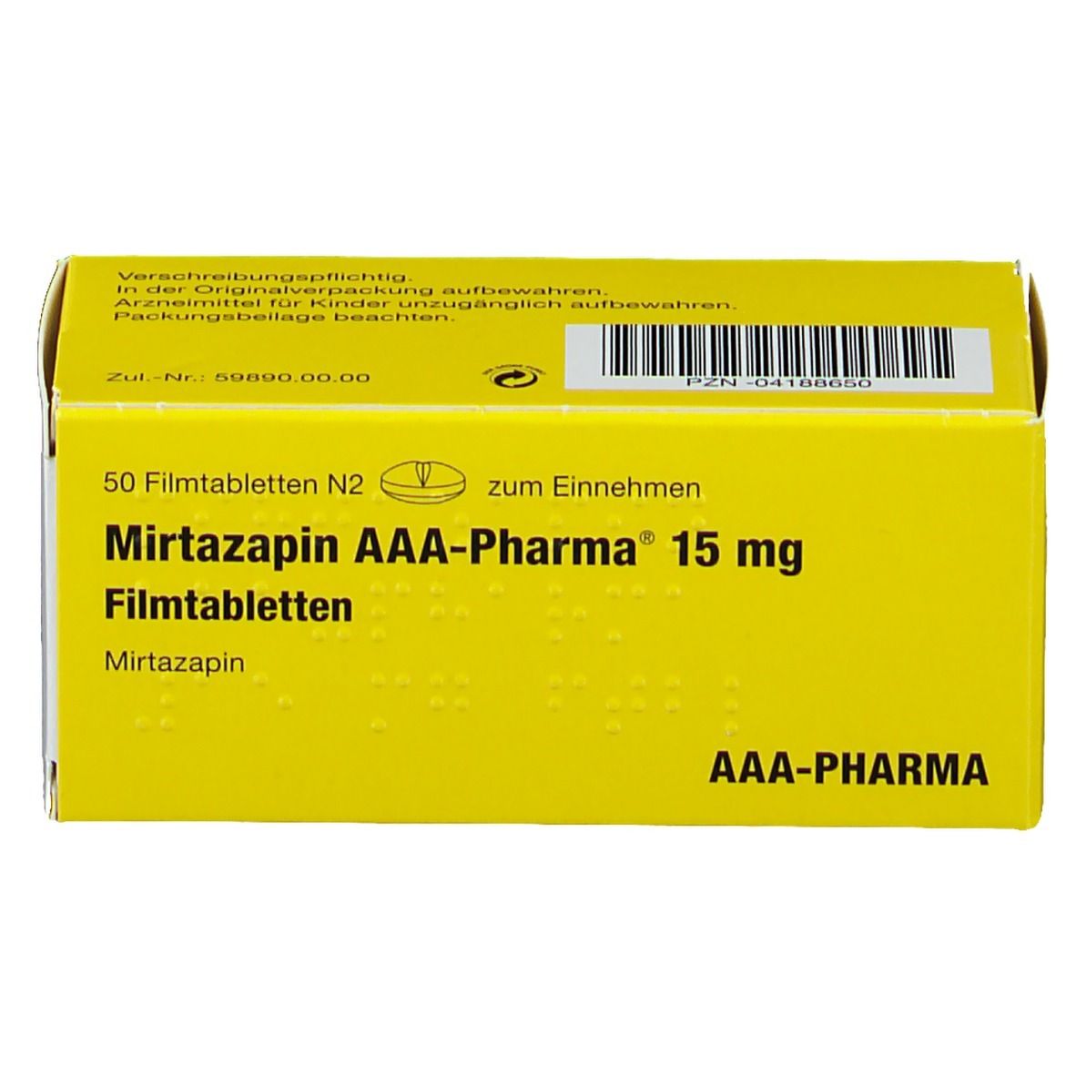Gelbe Schachtel mit 'Mirtazapin AAA-Pharma 15 mg Filmtabletten'. 50 Tabletten. 'zum Einnehmen'.