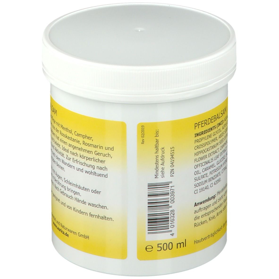 Weißer Tiegel mit gelbem Etikett. Aufschrift: Aurica Pferdebalsam. Rückseite mit Text und Inhaltsstoffen.