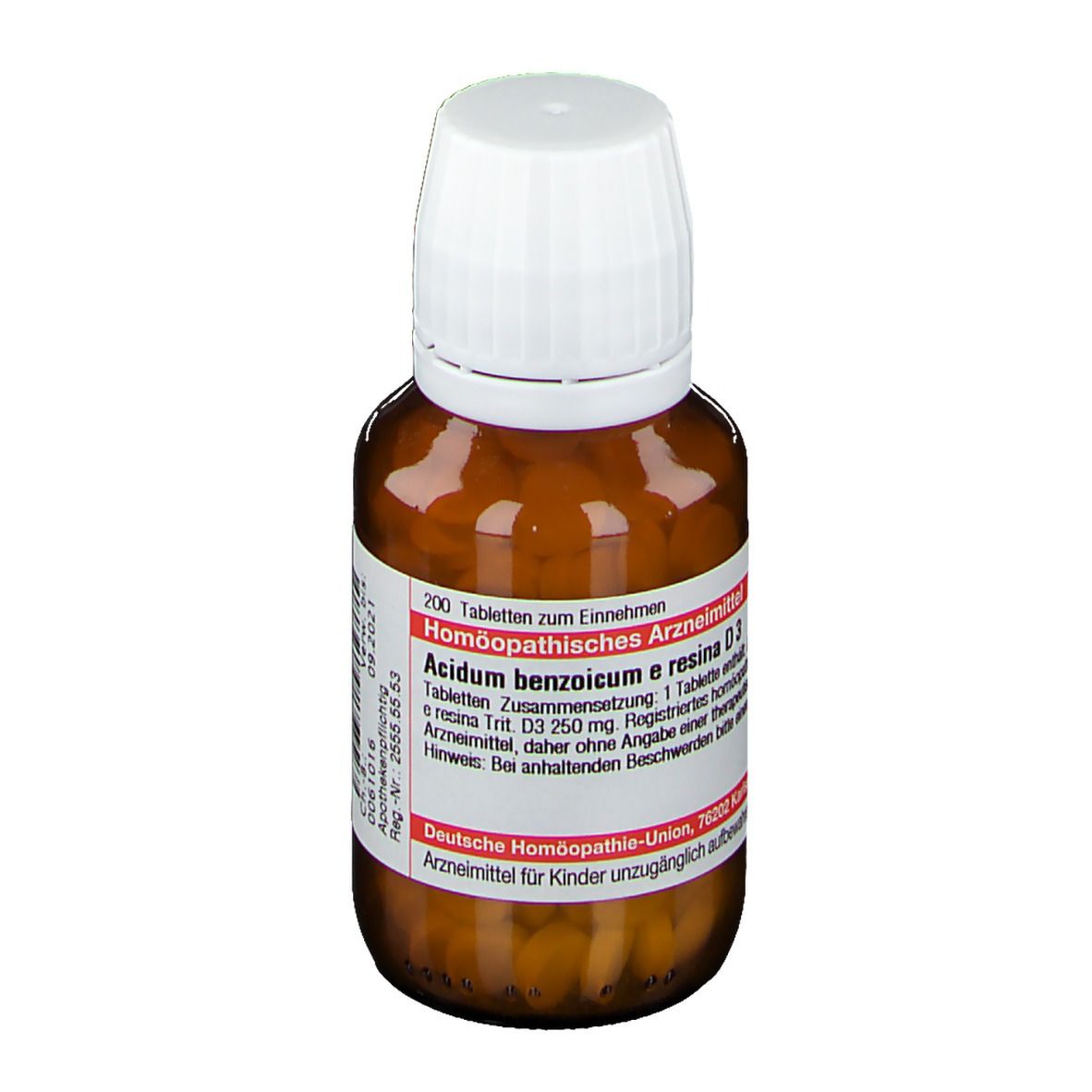 Braune Glasflasche mit weißem Deckel. Etikett mit Produktinformationen. Tabletten sichtbar. DHU Acidum benzoicum e Resina D3.