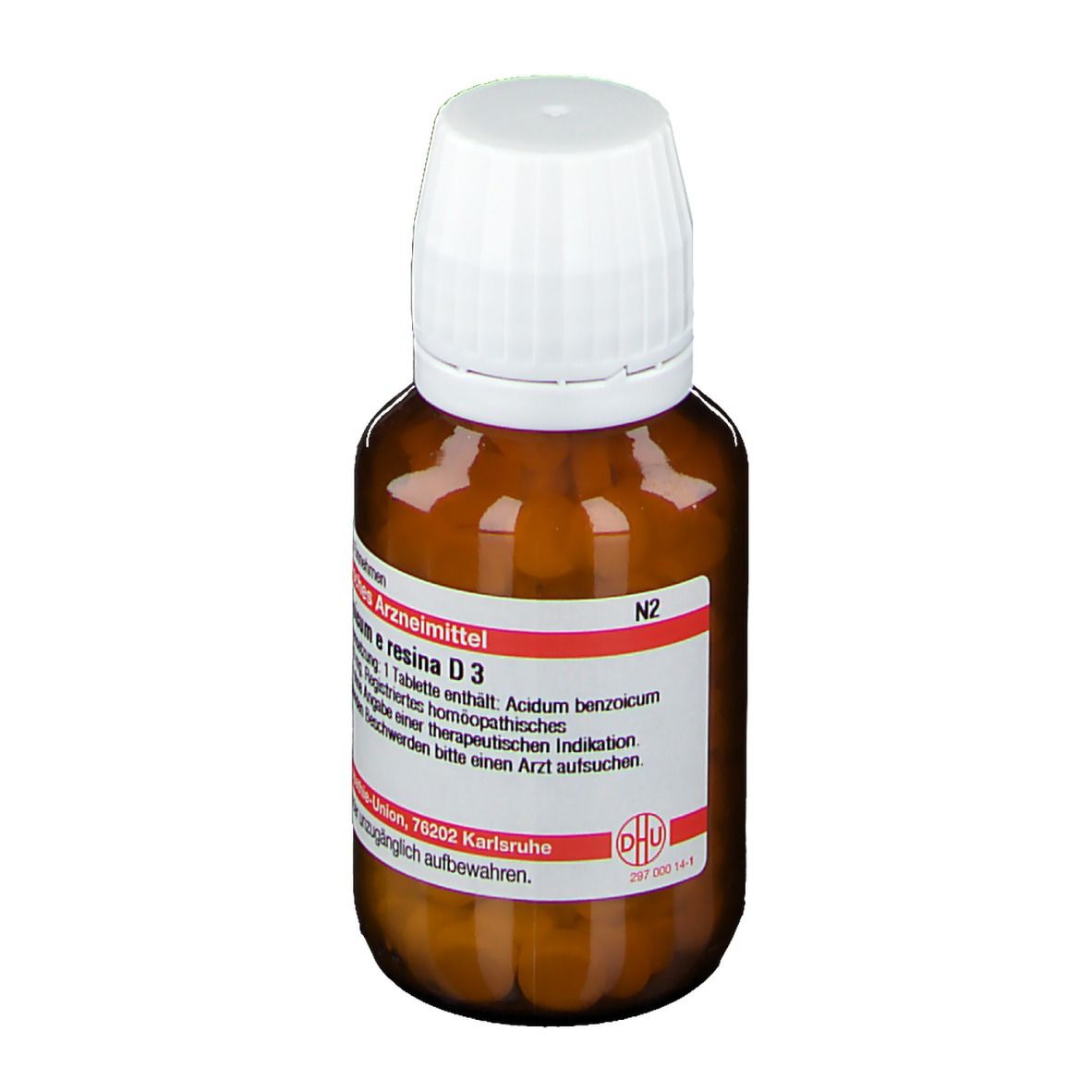 Braune Glasflasche mit weißem Deckel. Etikett mit Produktinformationen. DHU Acidum benzoicum e Resina D3. N2.