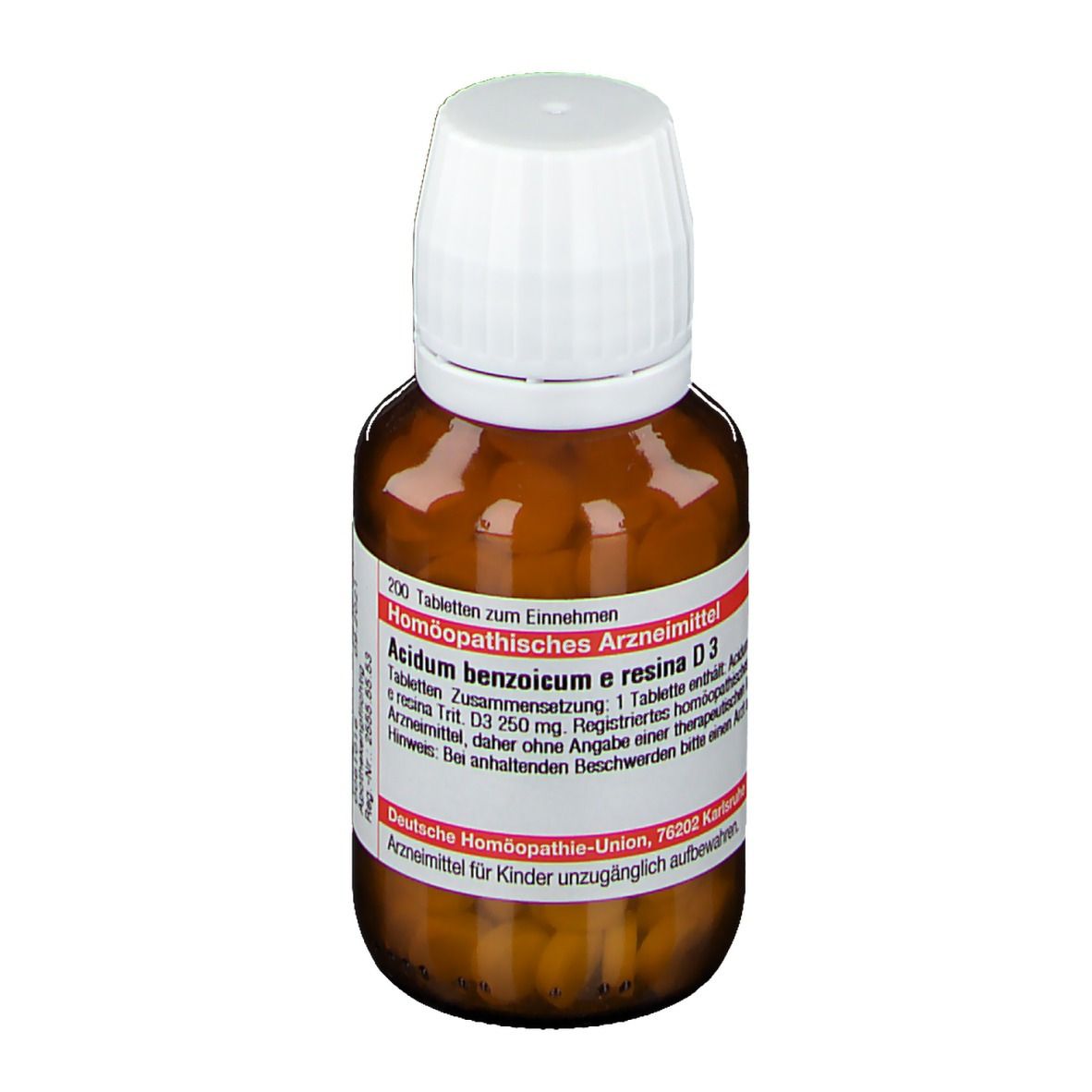 Braune Glasflasche mit weißem Deckel. Etikett mit Produktinformationen. Tabletten sichtbar. DHU Acidum benzoicum e Resina D3.