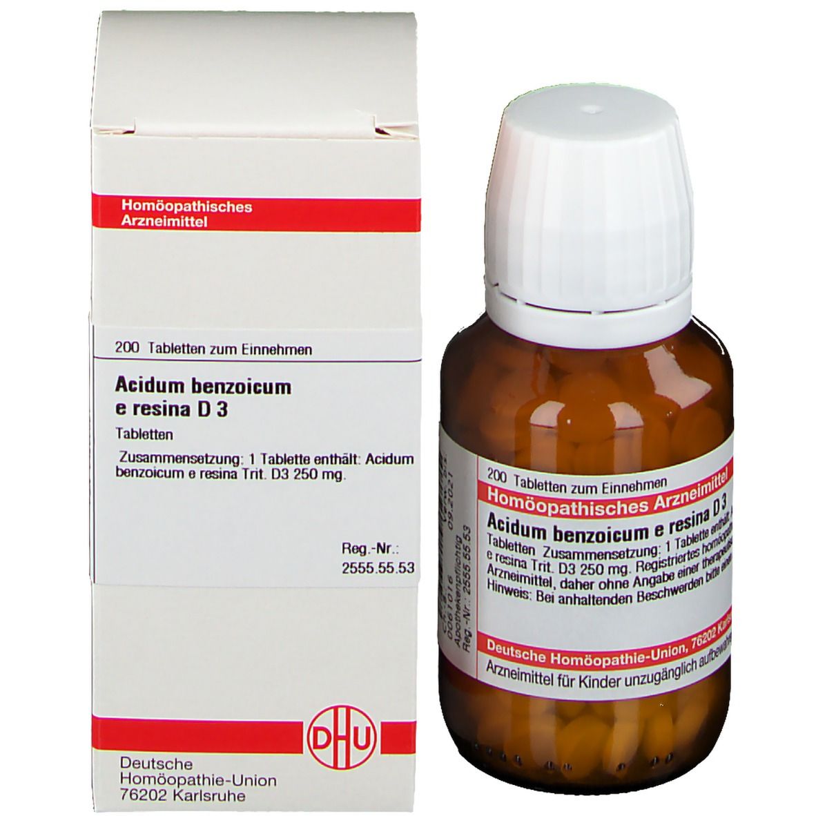 Braune Glasflasche und Karton. Flasche mit weißem Deckel. Karton mit Produktinformationen. DHU Acidum benzoicum e Resina D3.