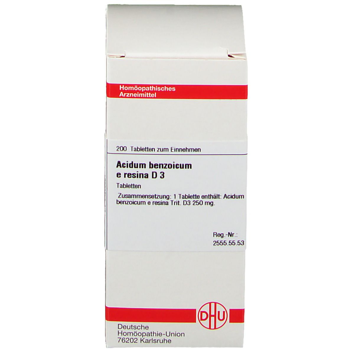 Karton mit Produktinformationen. DHU Acidum benzoicum e Resina D3. Deutsche Homöopathie-Union.