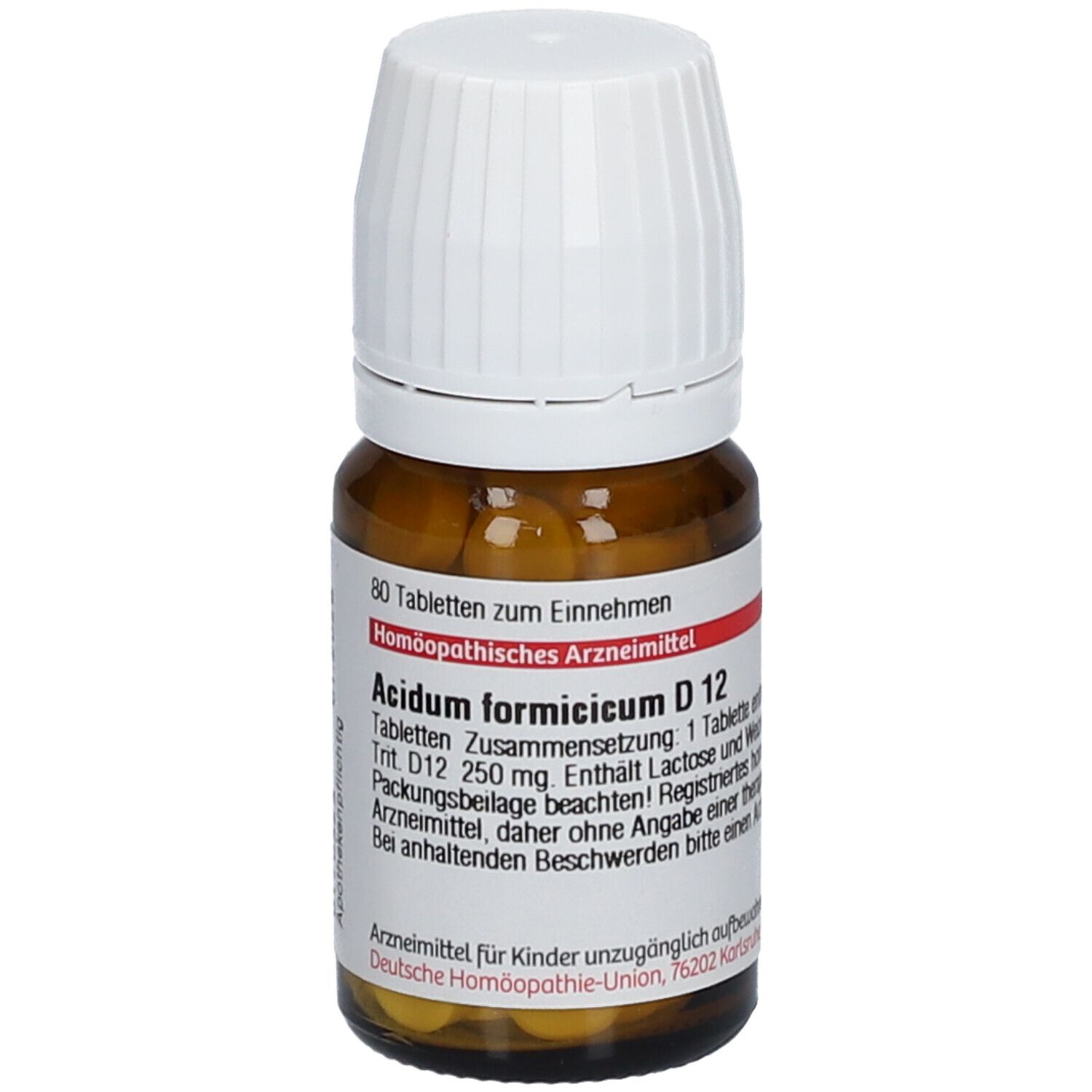 Braune Glasflasche mit weißem Deckel. Etikett mit Produktinformationen: Acidum formicicum D 12, 80 Tabletten.
